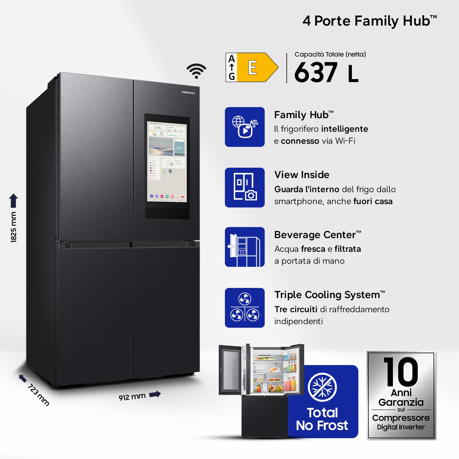 Samsung Frigorifero a 4 Porte Family Hub AI RF65DG9H0EB1/EF, Con AI Vision Inside, Wifi+AI Energy Mode, Beverage Center, Metal Back, 636 L, LxAxP: 91,2 x 183 x 72,3 cm, Antracite