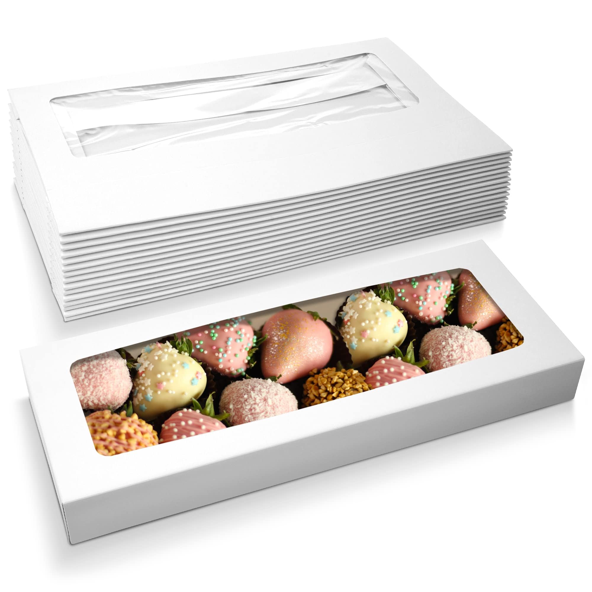 KASTWAVE Bakery Boxes with Window, 25-Pack Long Bakery Boxes 12.5" x 5.5" x 2.5", Cookie Boxes, Auto-Popup Long Treat Boxes for Cookies, Strawberries (White, 30 x 14 x 6.5 cm)