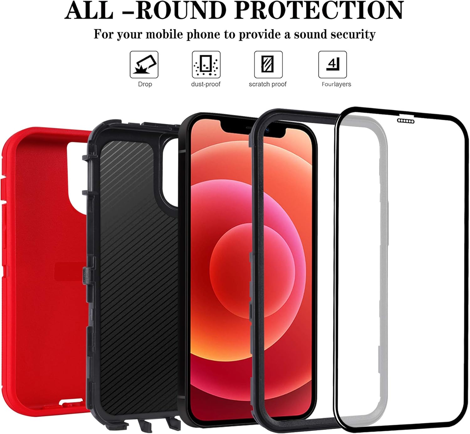 for iPhone 12/for iPhone 12 Pro Case 6.1" with 2 Screen Protector,Full Body Rugged Heavy Duty Military Grade Cover,Shockproof/Drop Proof Protection Phone Case (Red Black) - Image 3