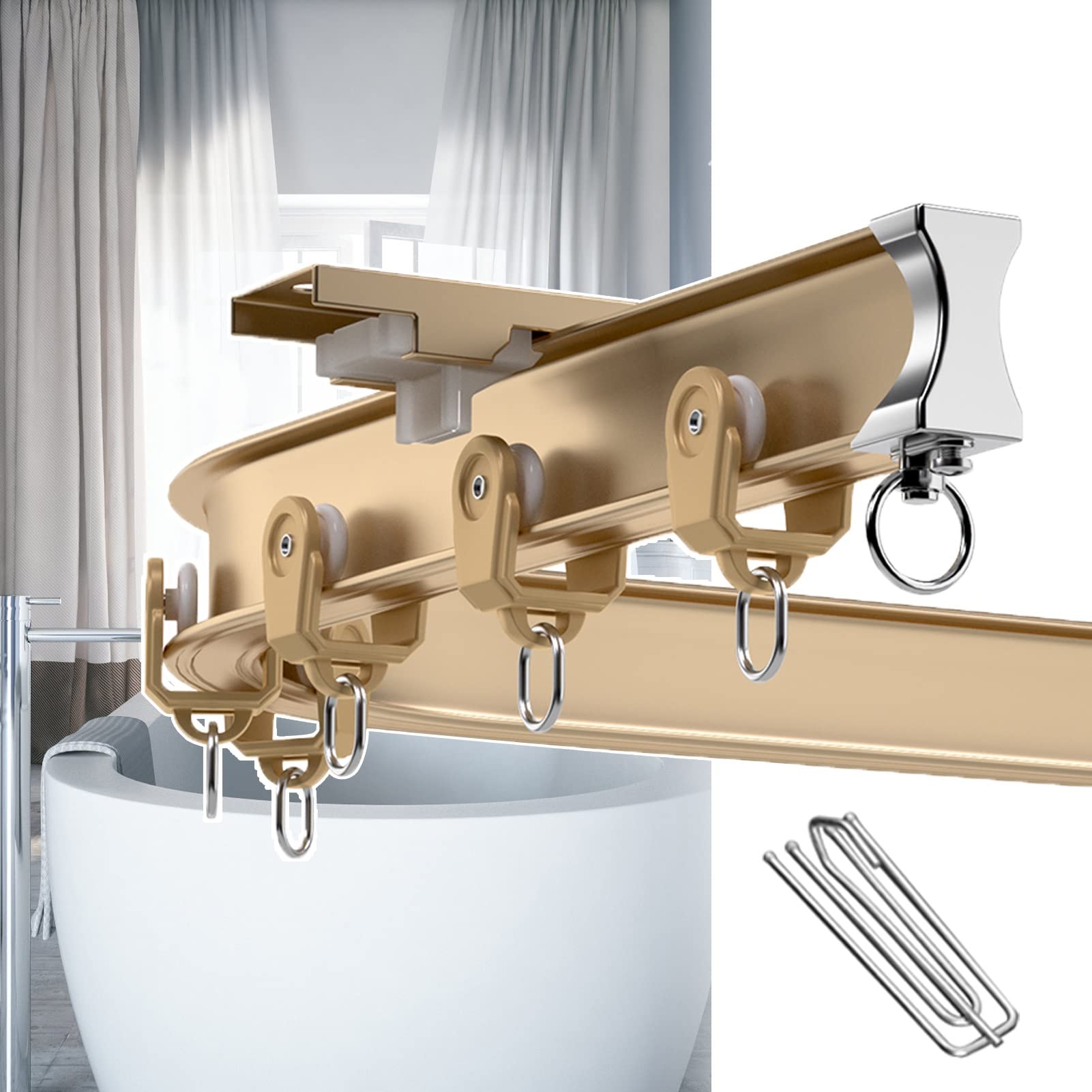 SFNIOKFG Curtain Track System Bendable, Ceiling Mount/Wall Mount Shower Curtain Rods, Bathroom Gold Curtain Rail with Hooks and Install Fittings (Color : Ceiling Mount, Size : 300cm/9.8ft)