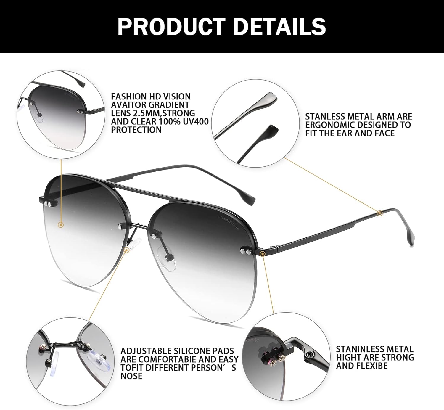 Retro Rimless Women Aviator Sunglasses Classic Lady Oversized Sun Glasses black Gradient Mirrored Lens Bold Shades - Image 5