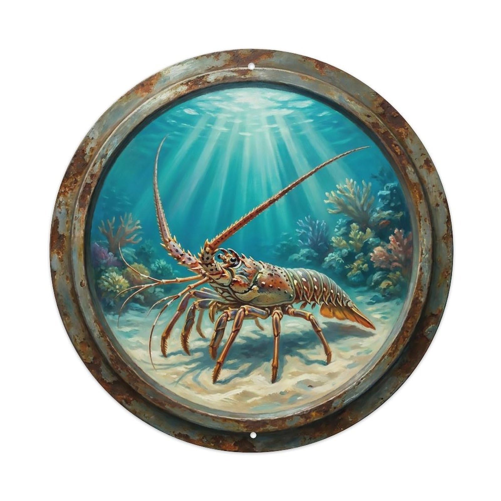 Vintage Porthole Spiny Lobster Walk Ship Window Undersea Deep Sea Metal Tin Sign