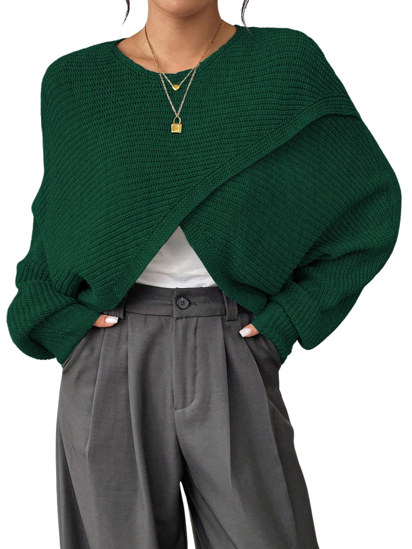 Women's Lightweight Asymmetrical Wrap Fall Sweater Tops Old Money Puff Sleeve Cropped Sweaters Coat-image-45