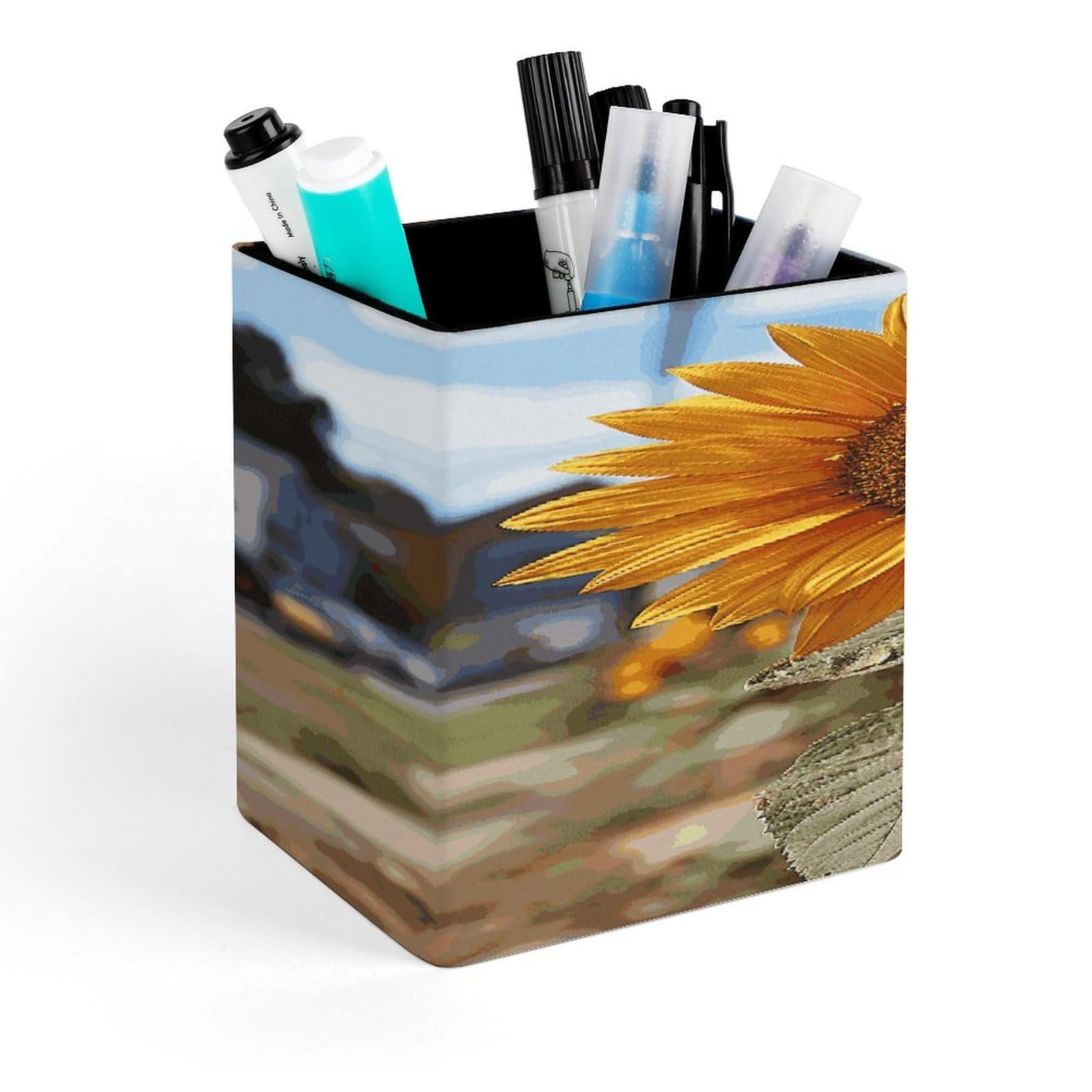 FekiLoot Farm Sunflower Pen Holder Personalized Desktop Pencil Holders Case Office Accessories Container Box for Square Pen Cup Desktop Organizer Makeup Brush Holder Caddy Storage