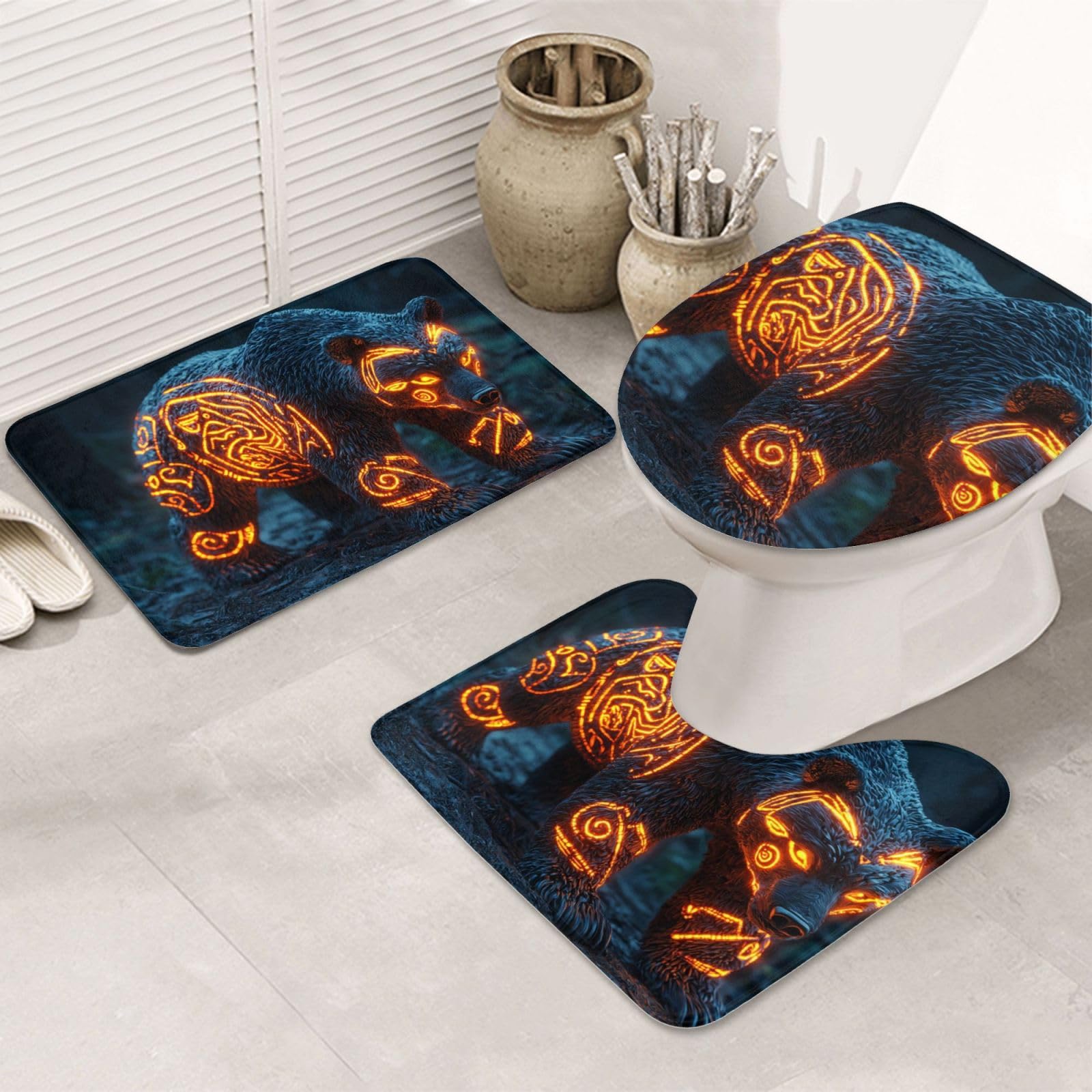 Alfombrilla de baño juego de 3 piezas oso fuego alfombra de contorno lavable