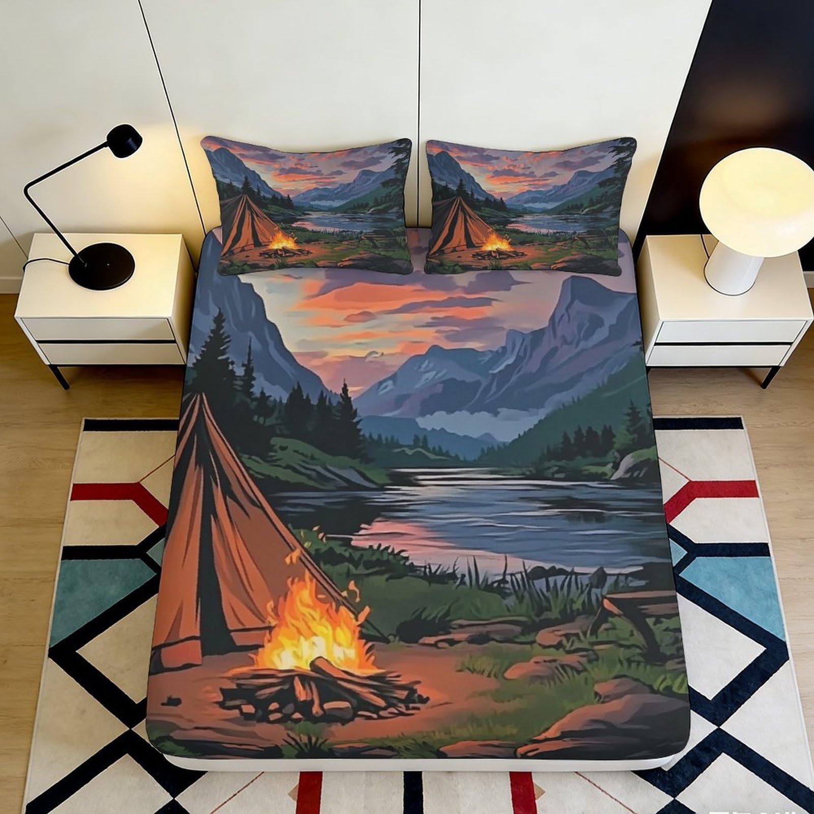 3D Printed Mountain Sunset Fitted Sheet Microfiber Campfire Lake Mattress Cover for Bedroom Guest Room Decor 90x200x25cm