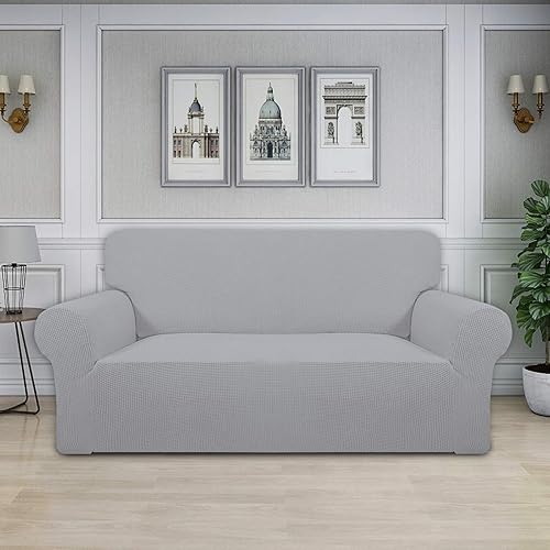 Vista 551 de Easy-Going - Funda elástica para sofá biplaza, 1 pieza, suave, con parte inferior elástica, protector para niños, tela jacquard de elastano y Gris