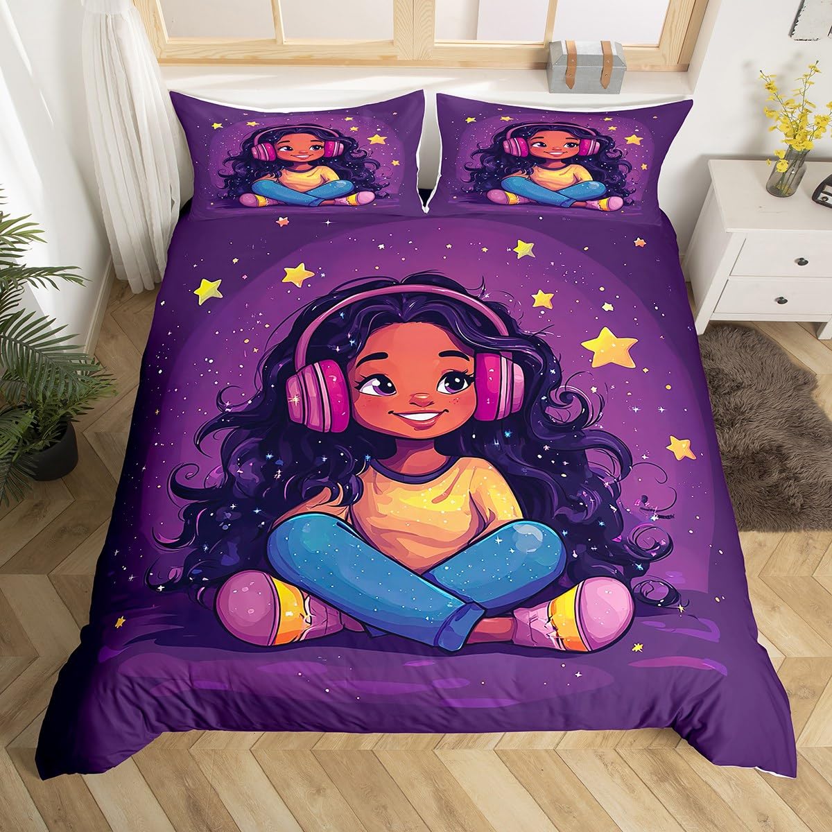 jejeloiu Kids Cute Black Girl Comforter Cover Set Full Size African American Girl Bedding Set for Boys Girls Music Star Print Duvet Cover Bedspread Cover Quilt Cover,No Stuffing（No Glitter）