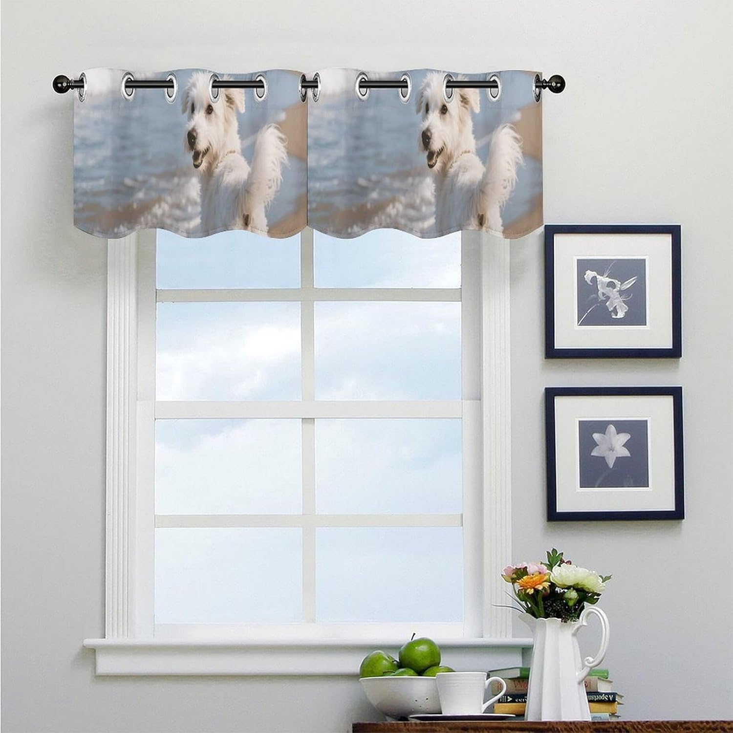 Dog Running on The Beach Valance for Windows, 2 Pack Kitchen Curtains Modern Home Decor, Soft Blackout Window Curtains for Living Room & Bedroom, 18 X 52 Inch