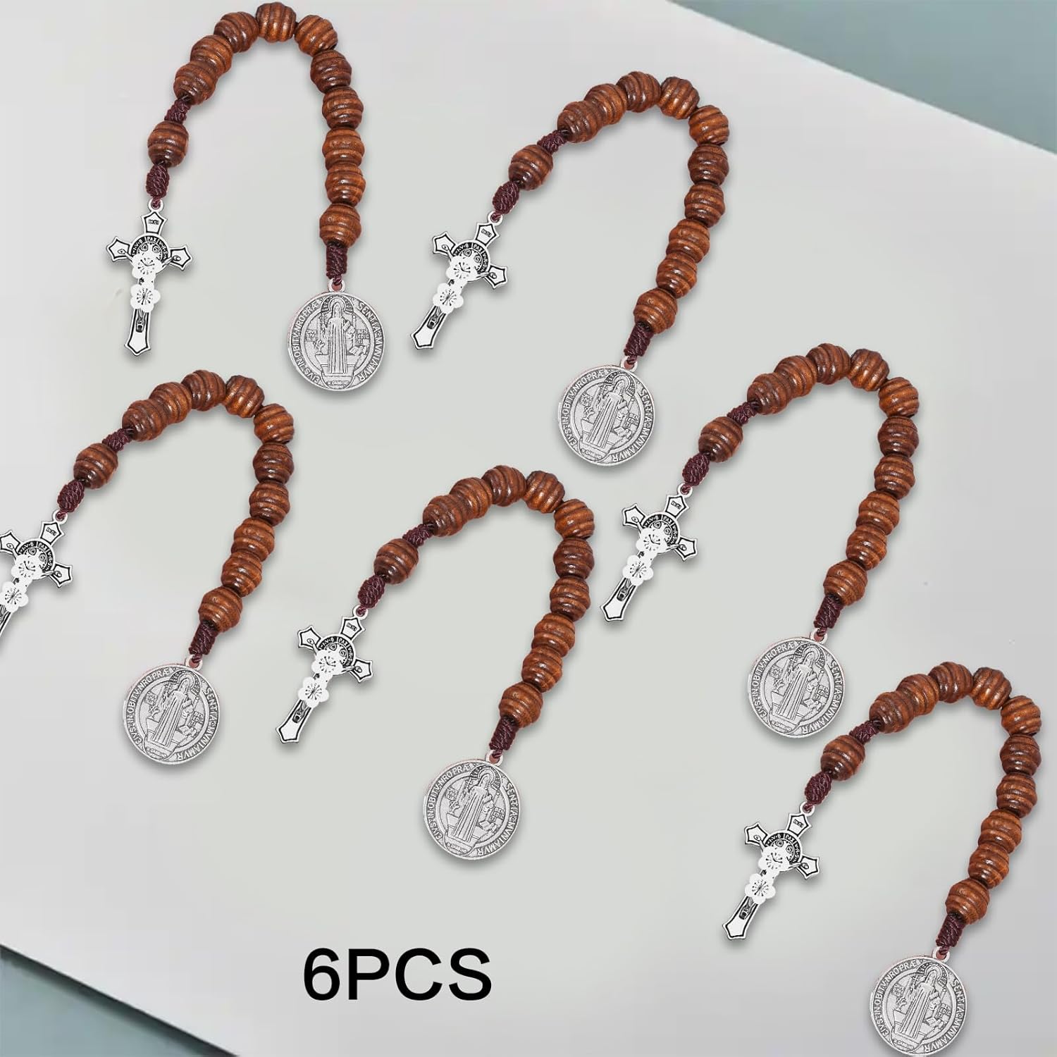 6 Pcs Saint Benedict Medal and Crucifix,Prayer Pocket Rosary for Men,Open Style Wooden Tenner Rosaries,Catholic Brown Wood Beads with Saints Medal and Cross,Gifts for Catholic Men,7.87 Inch - Image 5