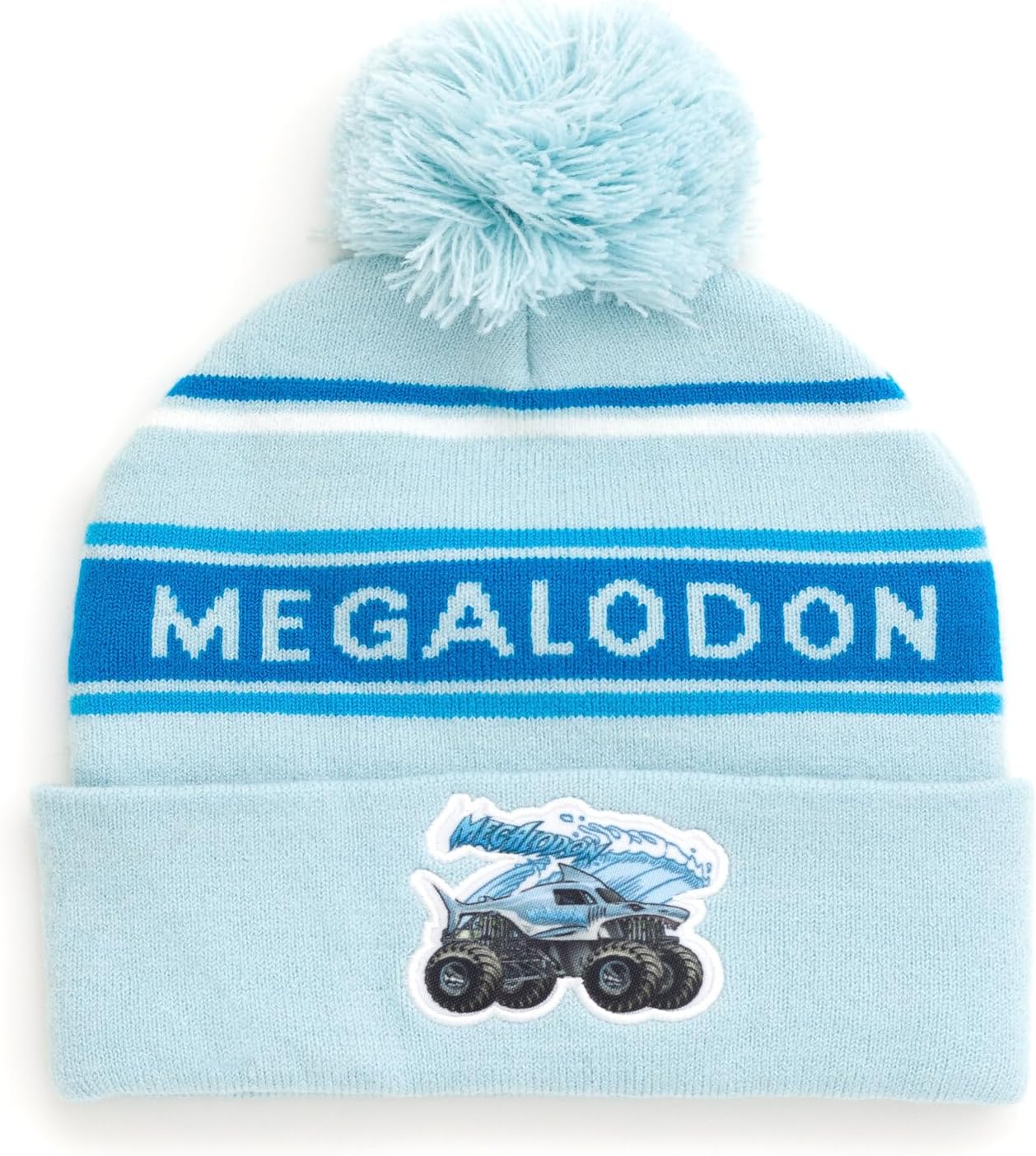 Monster Jam Pom Beanie Hat Warm Jacquard Knit Winter Cap Megalodon Light Blue OS Youth