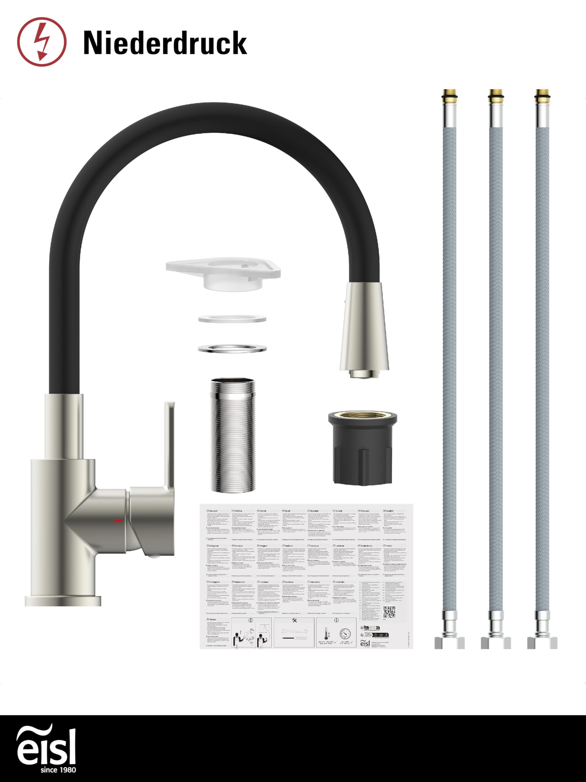 EISL Flexo Edelstahl/Schwarz Flexible Spültischarmatur Niederdruck, biegsamer Wasserhahn für die Küche, mit Soft-Touch-Schlauch, 360 Grad schwenkbar, Wasserhahn Küche flexibel, NI186FLNIB-LPU