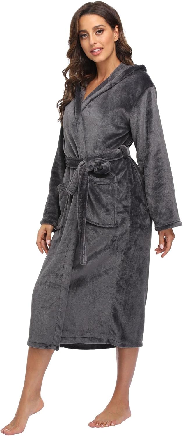 season dressing Women’s Plush Fleece Robe Cozy Warm Soft Bathrobe Long Hooded House Coat Winter Shower Spa Robe with Pockets - Image 5