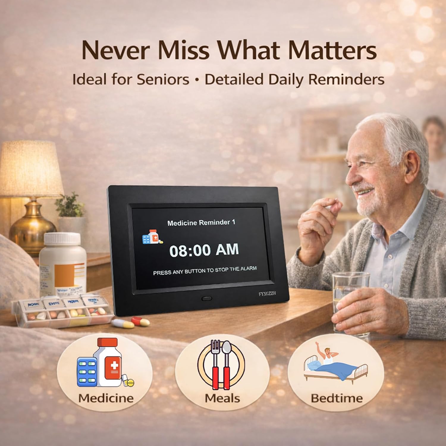 Large Display Digital Dementia Clocks for Seniors, 7'' Day Date Time Calendar Clock for Elderly, Simple Setup, 19 Alarm Reminders, Adjustable Brightness, DST