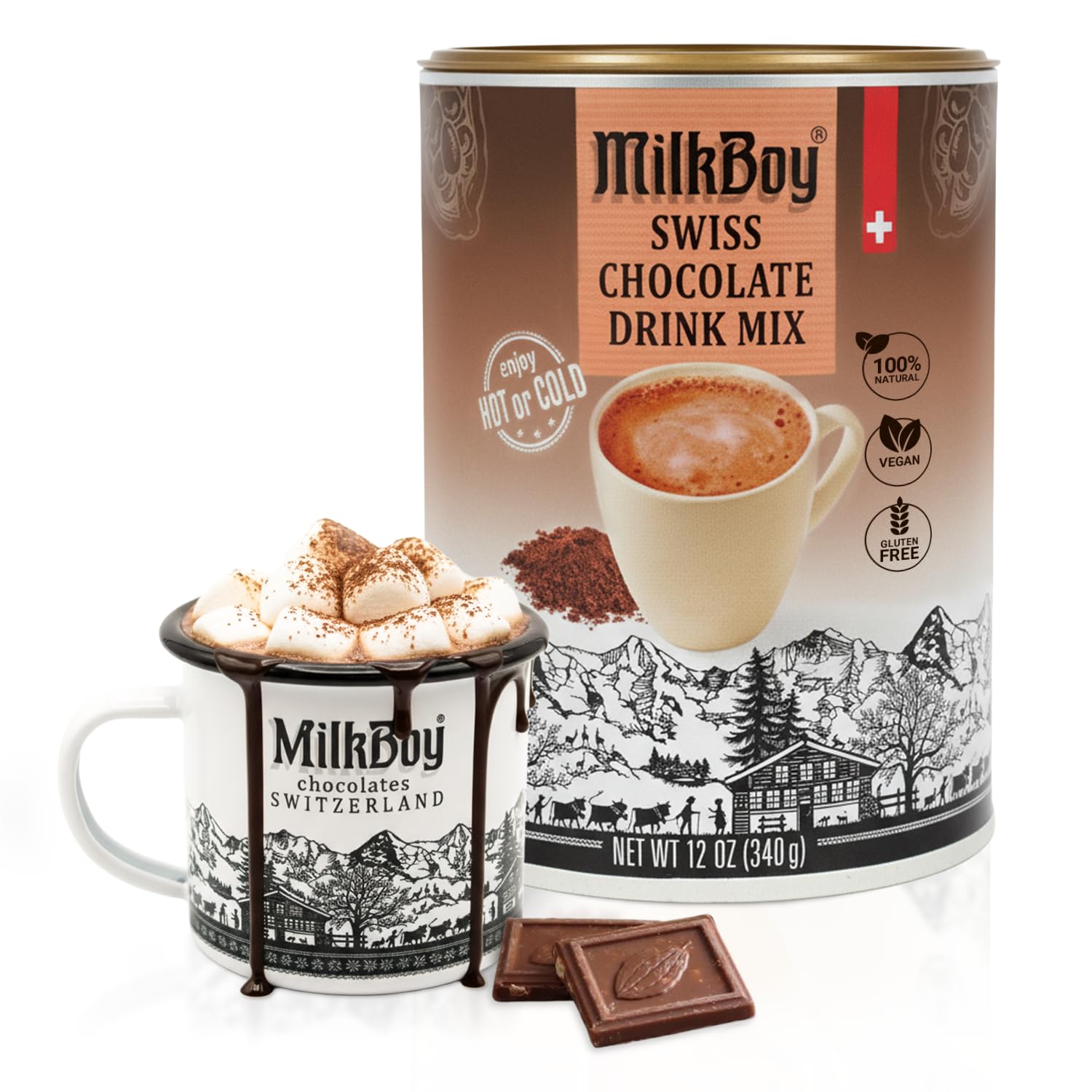 Milkboy Swiss Chocolates Gluten Free Hot Chocolate Mix for Cold or Hot Cocoa - Kosher, Vegan, Gourmet Swiss Chocolate Drink Mix, Made in Switzerland, Rainforest Alliance Certified Cocoa, 12 OZ