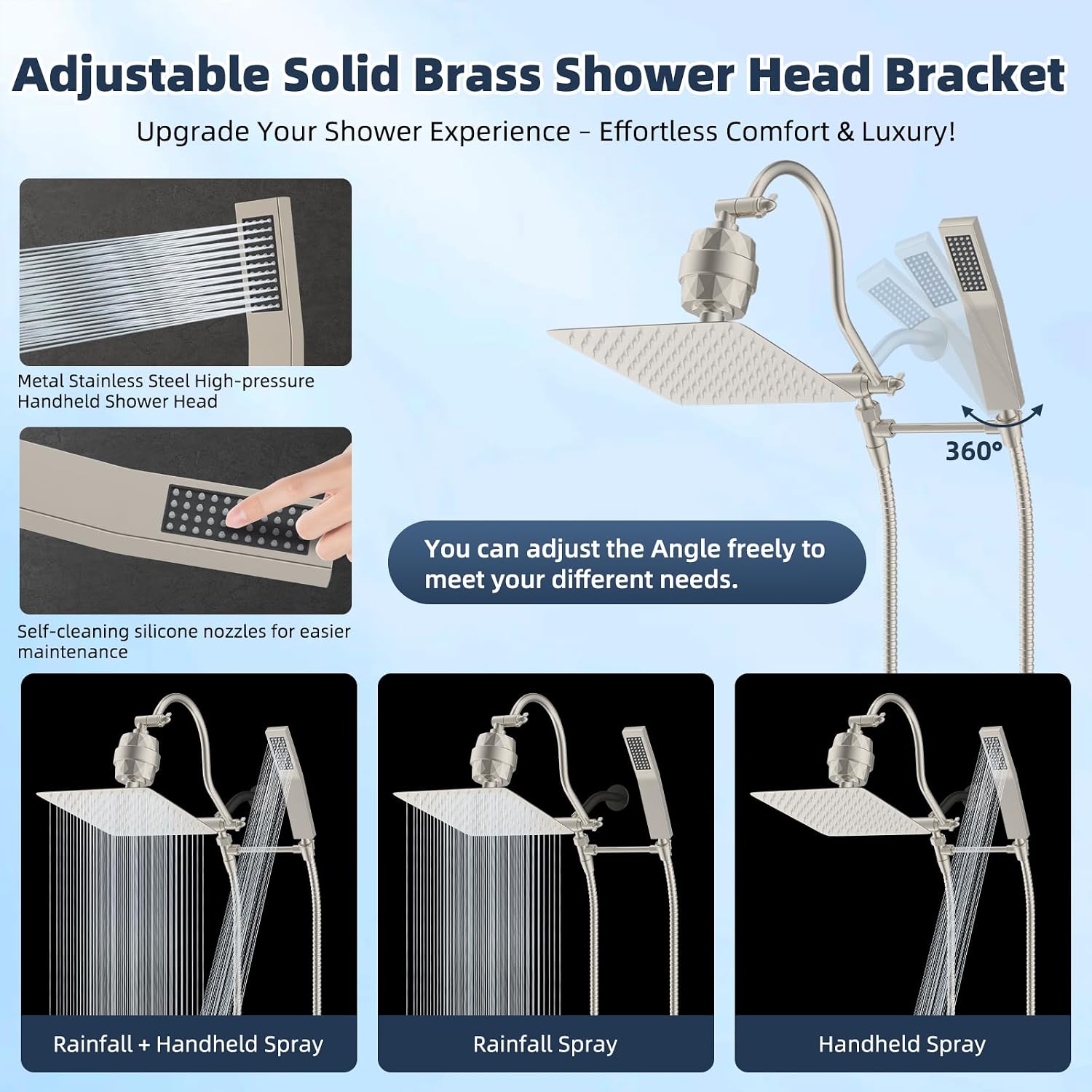  All Metal 10'' Filtered Rainfall Shower Head Combo, High Pressure Handheld Shower Wand, 12'' Adjustable Extension Arm, 20 Stage Shower Filter, 71'' Hose, Shower Head Holders, Brushed Nickel thumbnail