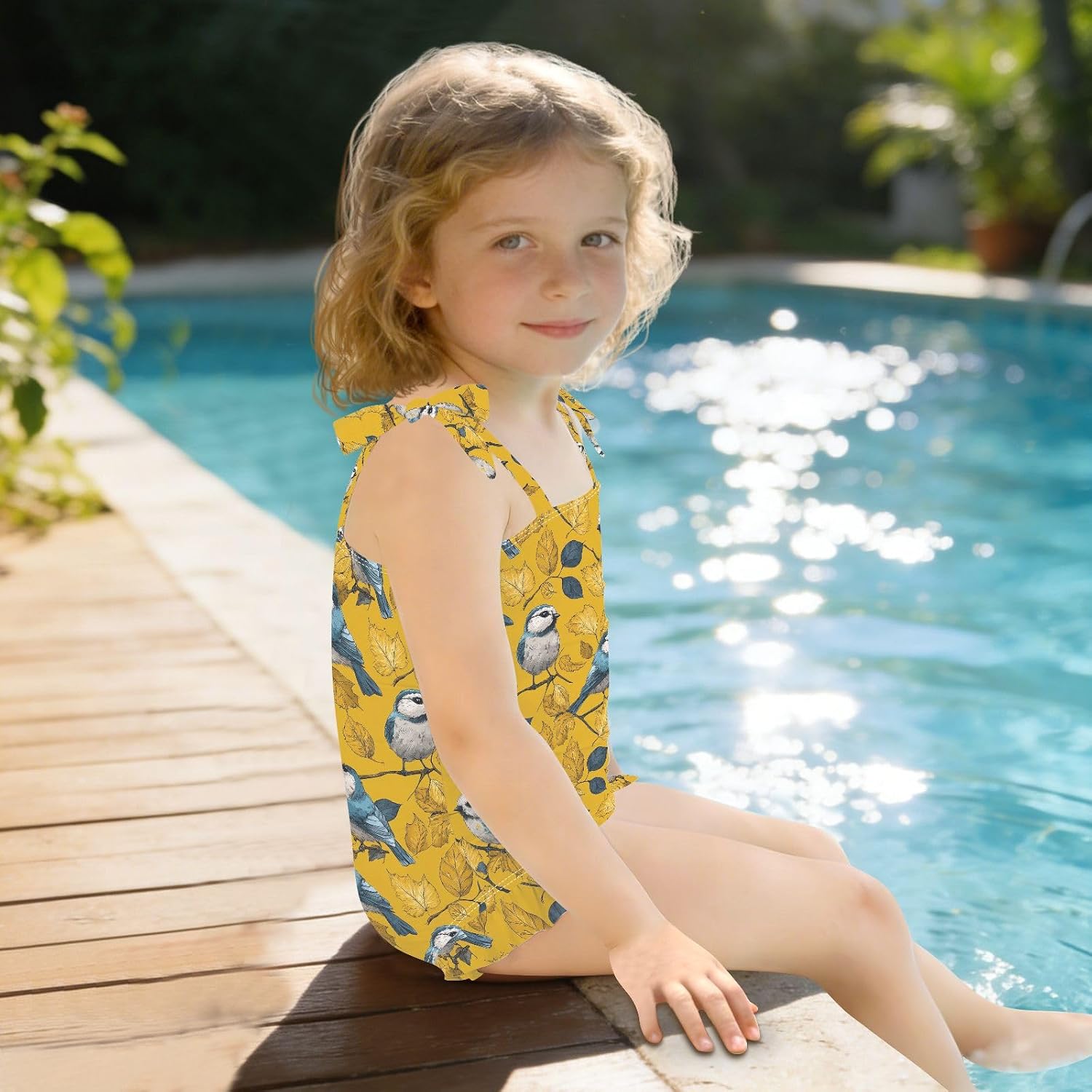 visesunny Toddler Girl Swimsuit Adjustable Strap Swimwear Yellow Cute Bird Bathing Suits for Girls 18M-6Y
