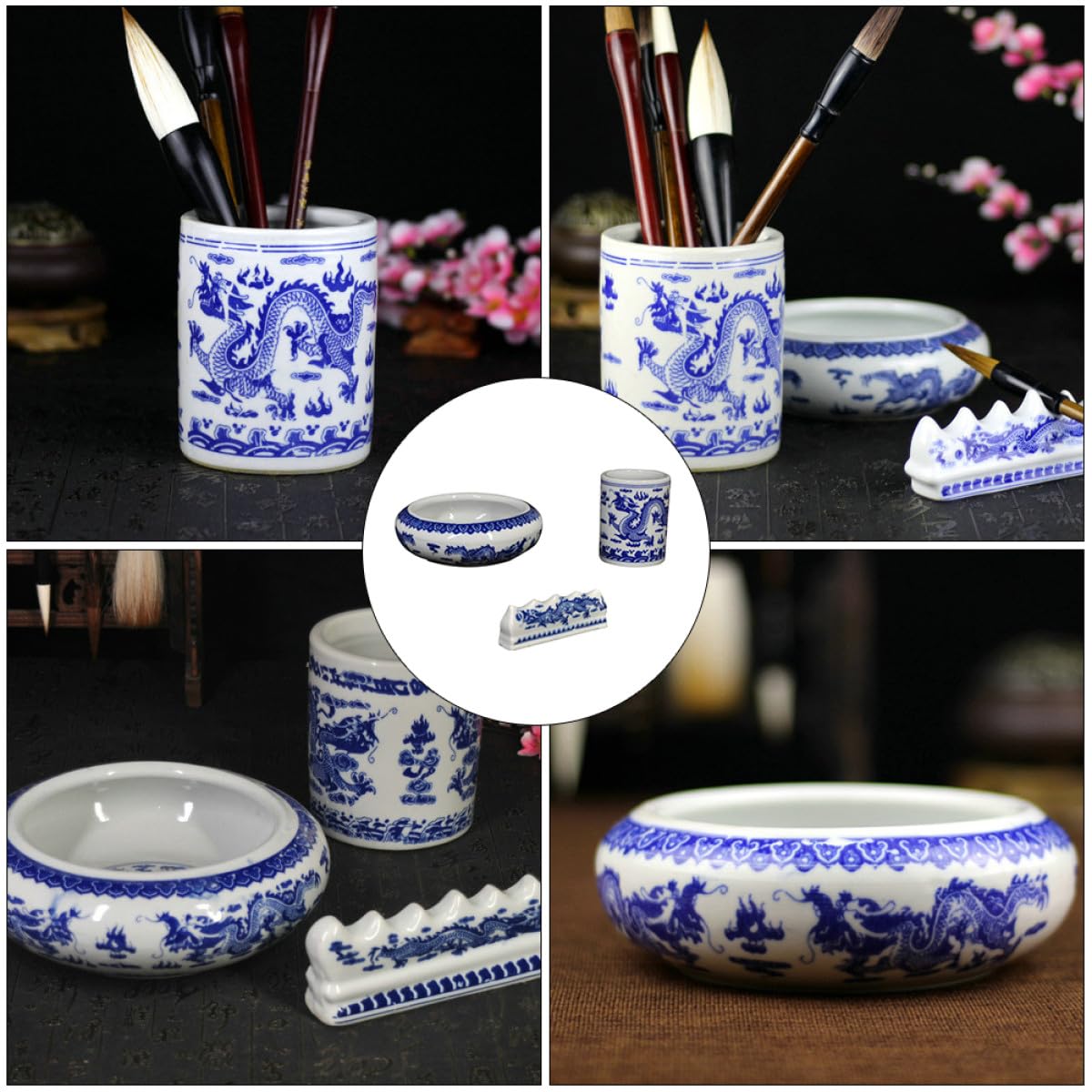 Homoyoyo Pot à Pinceaux En Céramique Bleu Et Blanc Petit, Bac De Lavage Multifunction, Cylindre De Rangement Pour Calligraphie, Accessoires Bureau Maison, Fournitures Scolaires