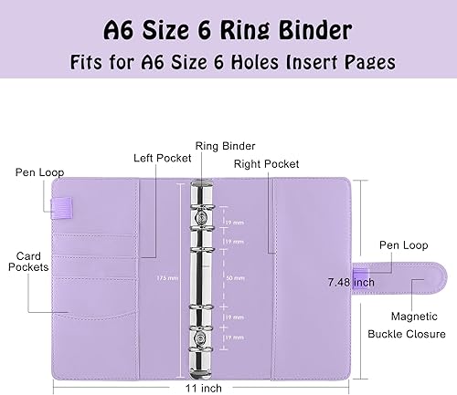 Vista 2 de Antner - Archivador de piel sintética con 6 anillos, para papel de tamaño A6, agenda personal con hojas sueltas y cubierta con cierre magnético