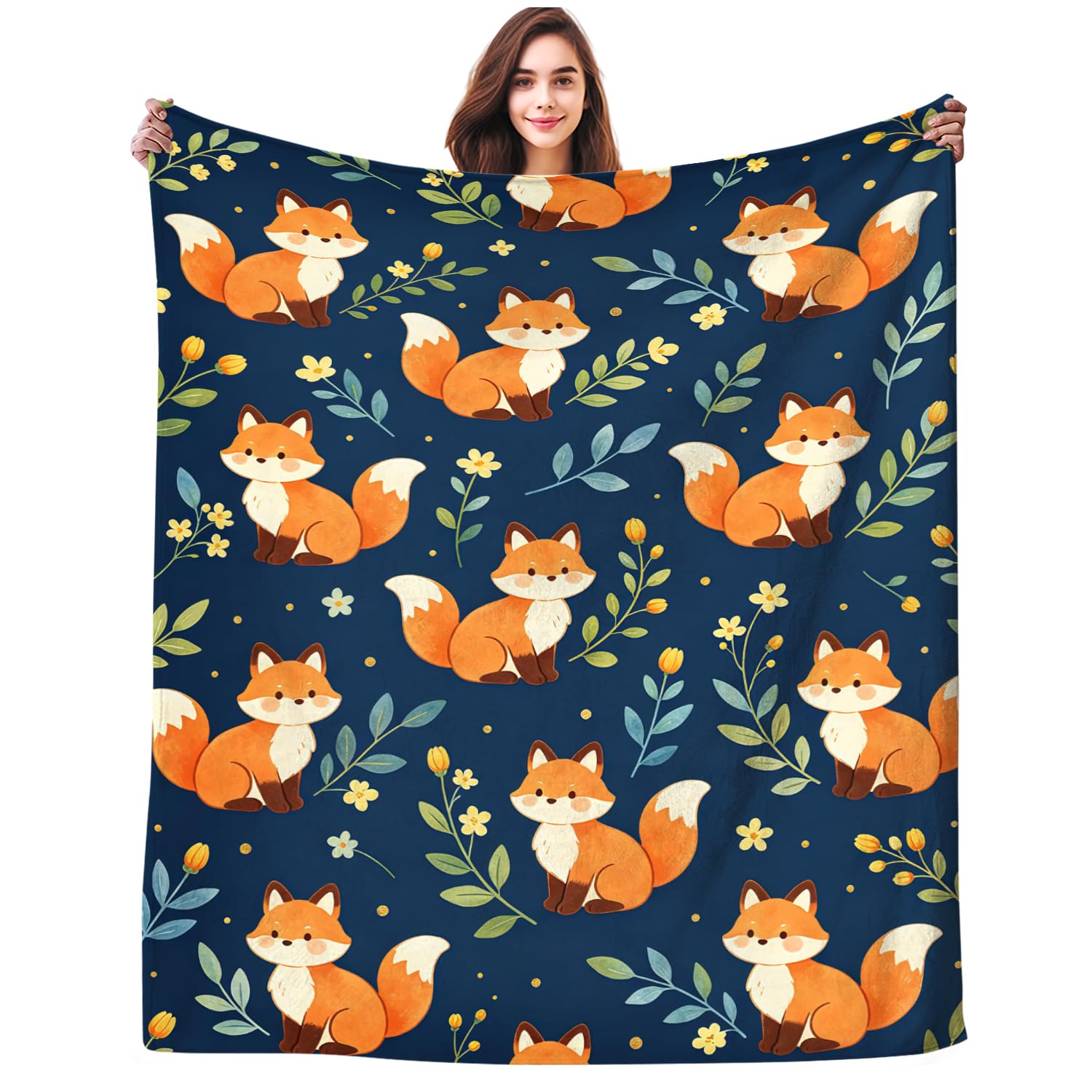 Magazasi Cute Fox Blanket Gifts for Women Soft Warm Cozy Floral Fox Throw Blankets for Bed Sofa Couch Living Room Decor 50"X40"INCH