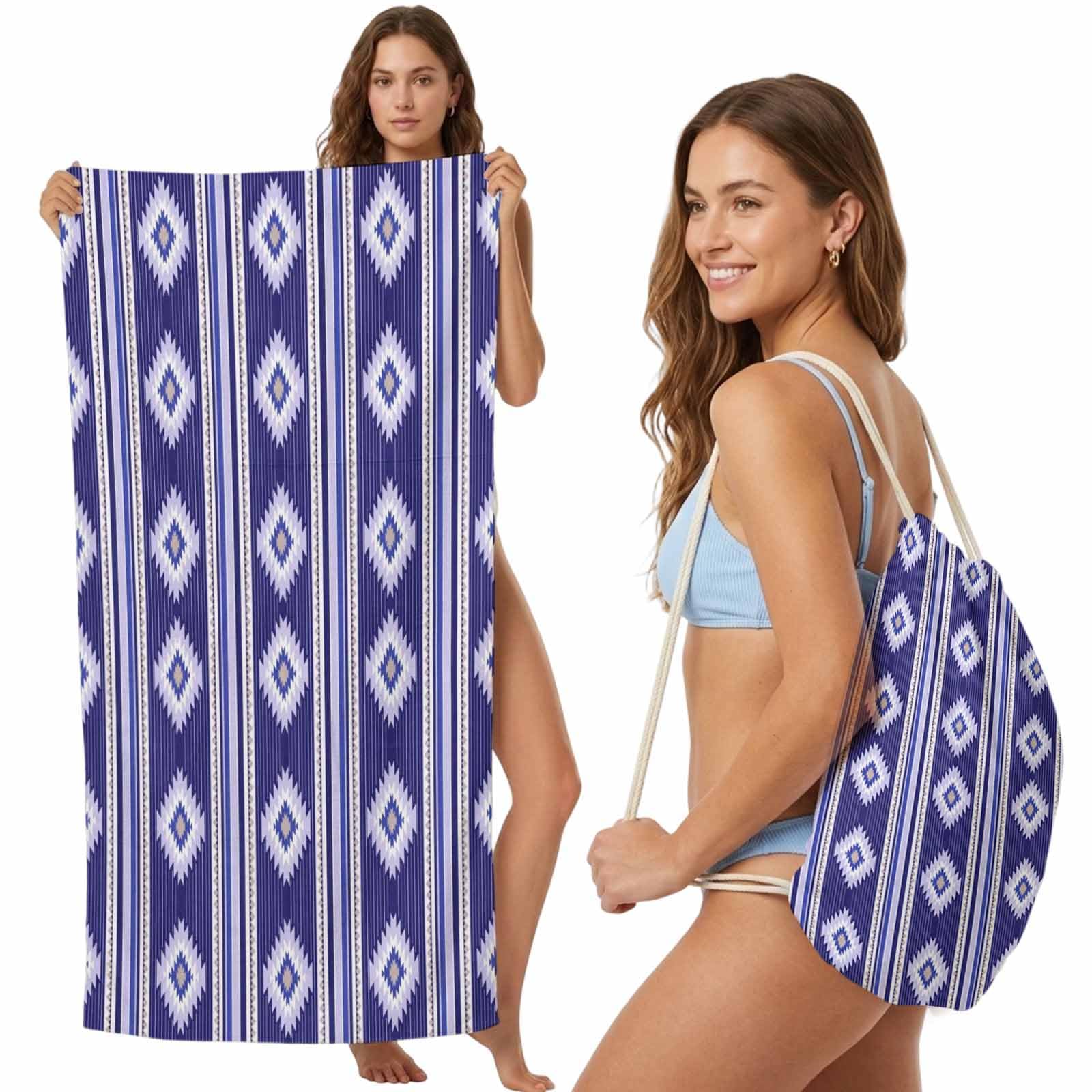 FWJZDSP Beach Towel Bag 2 in 1 Blue Diamonds Stripes Bath Pool Towels Backpack Geometric Vertical Striped Lines Absorbent Beach Towel Soft Quick Dry Packable Towels Drawstring Bag for Travel Sports