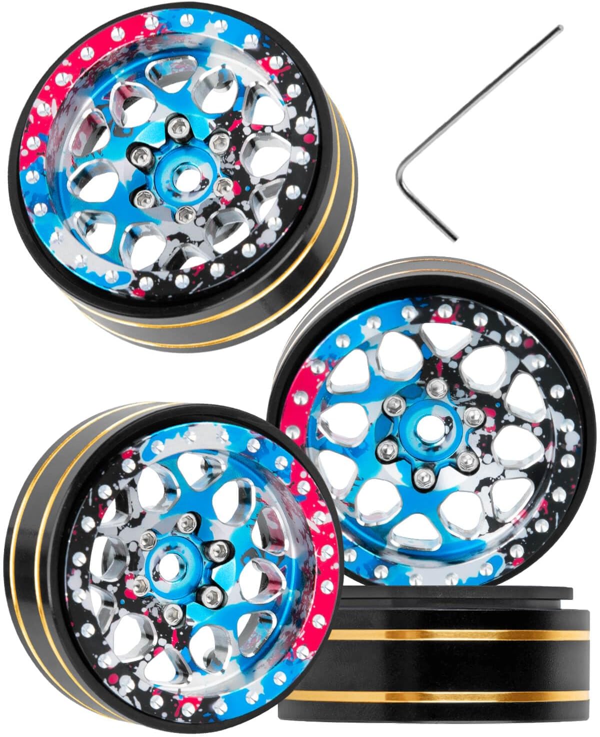 RC 1.3 Beadlock Wheel Rims for 1/18 TRX4M 1/24 SCX24 FCX24 RC Crawler Car,4pcs RC 1.3 in Brass Rims & Aluminum Beadlock,RC Truck Rims,Colour