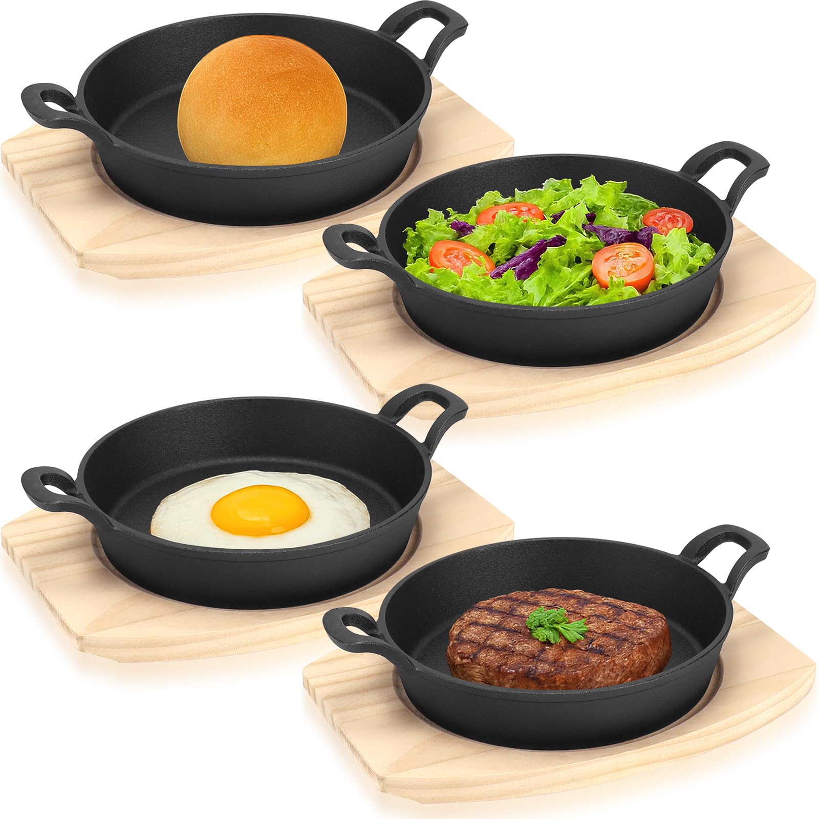 4 Sets Mini Cast Iron Skillet, Small Cast Iron Pan Skillet with Wooden Base Small Round Pan Fajita Pot for Cooking (5.5 Inch)