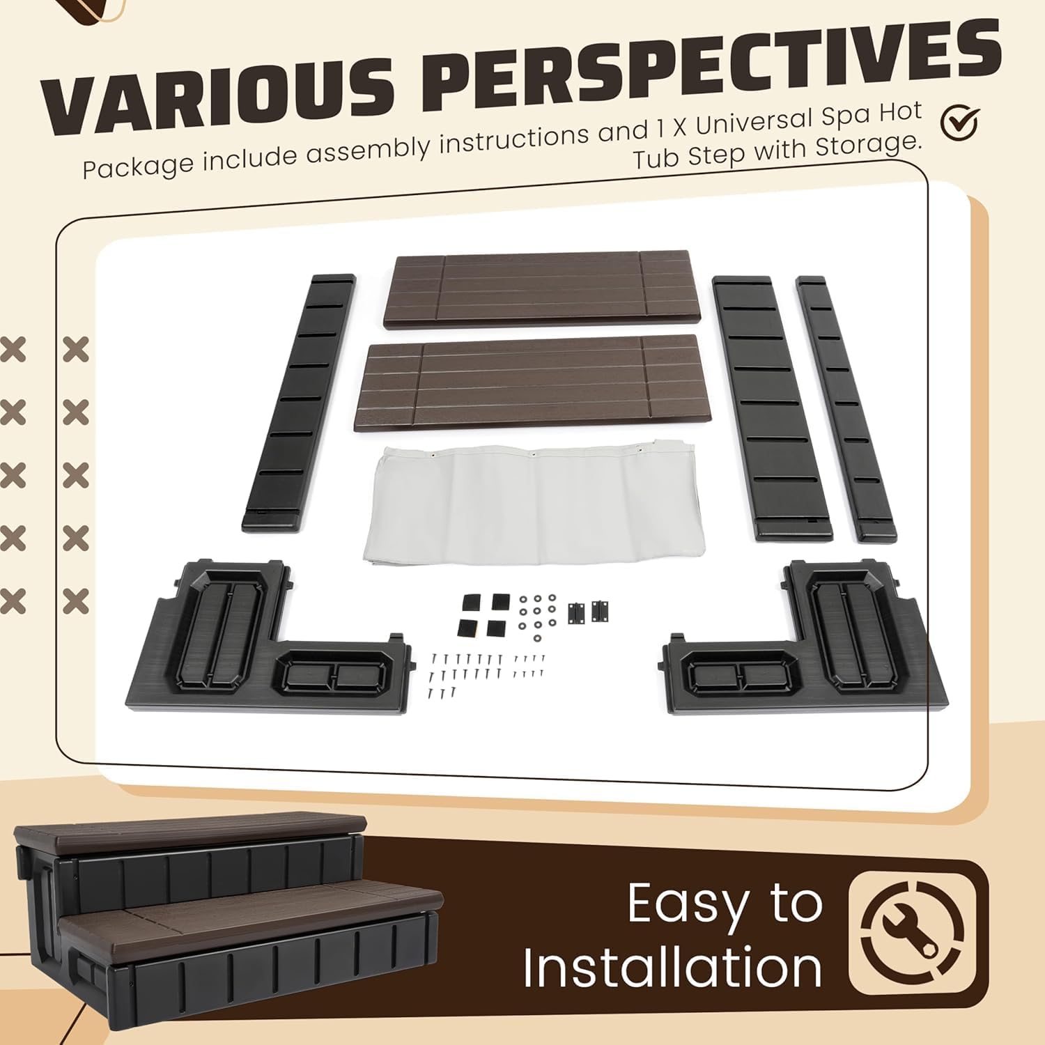HECASA Hot Tub Steps Outdoor Spa Steps with Storage, Hot Tub Stairs Non-Slip Steps for Outdoor Indoor, 36 Inches Black/Brown, 2 Steps