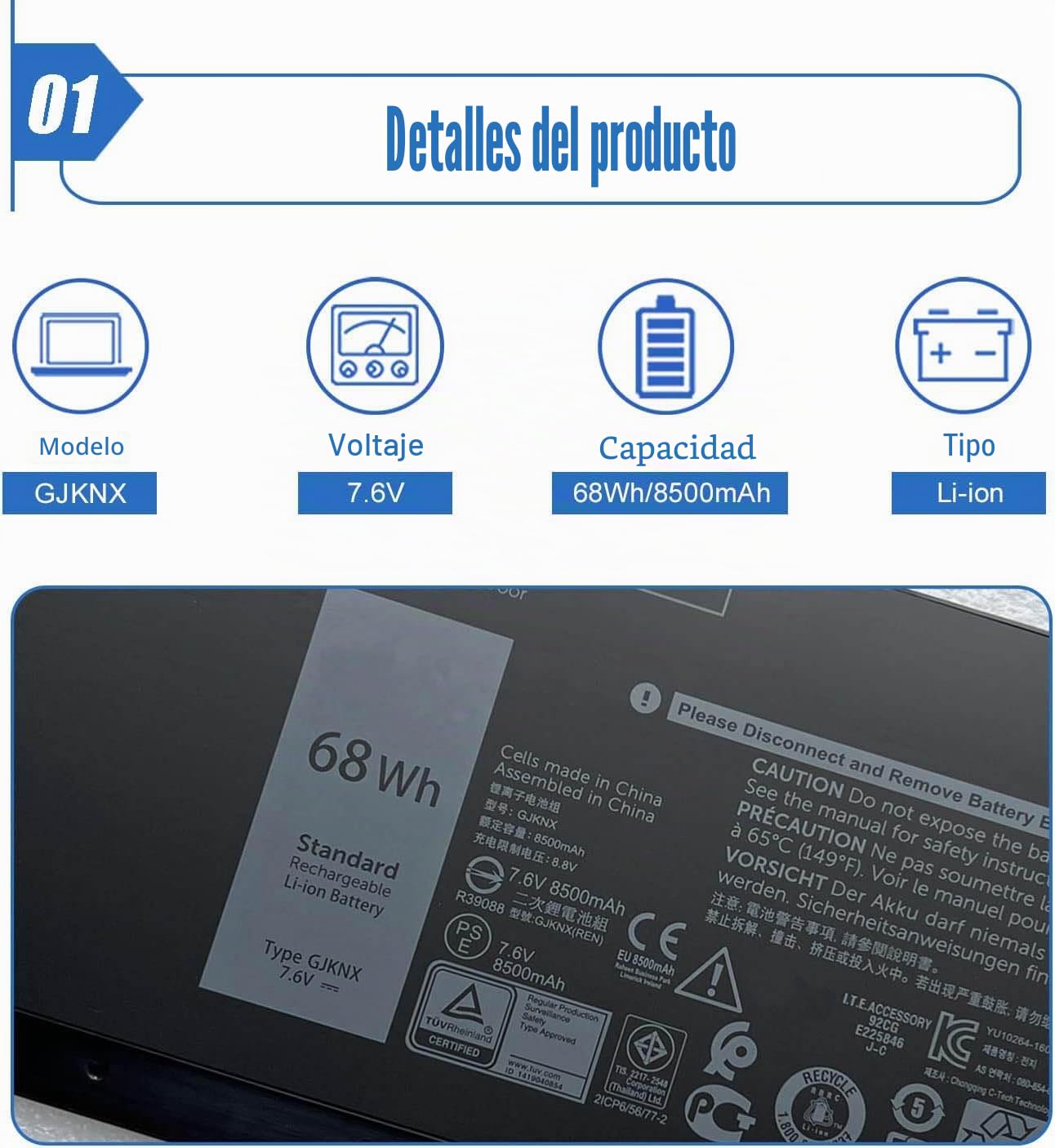 K KYUER 68WH GJKNX Batería para DELL Latitude 5280 5288 5290 5480 5488 5490 5491 5495 5580 5590 5591 Precision 15 3520 3530 Mobile Workstation GD1JP 5YHR4 FPT1C KCM82 MT31P DV9NT 451-BBZG 451-BBXV