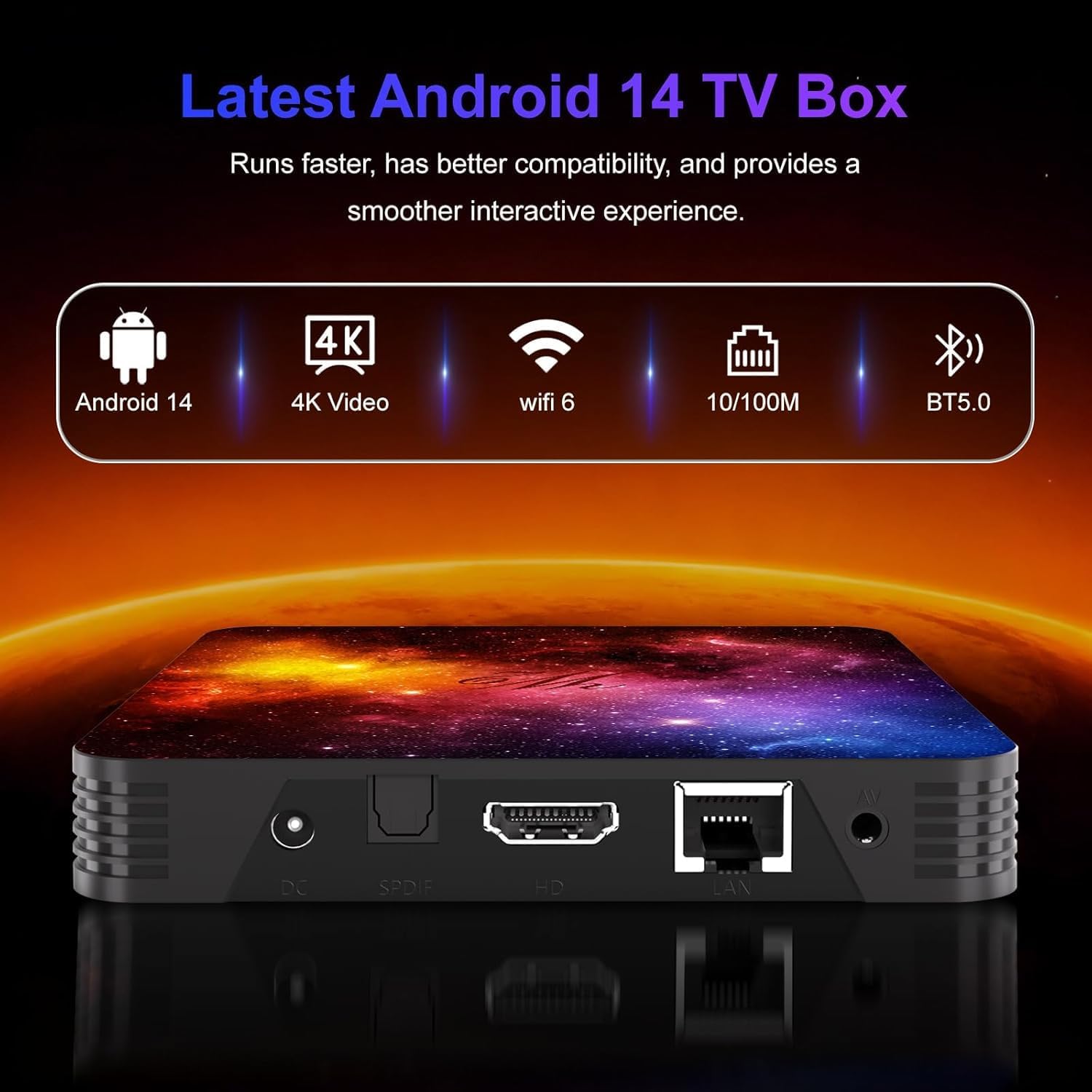 Android 14.0 Smart TV Box, Quad-Core, 4GB RAM 64GB ROM, WiFi 6, Bluetooth 5.0, HDMI USB 2.0 USB 3.0 with Mini Keyboard