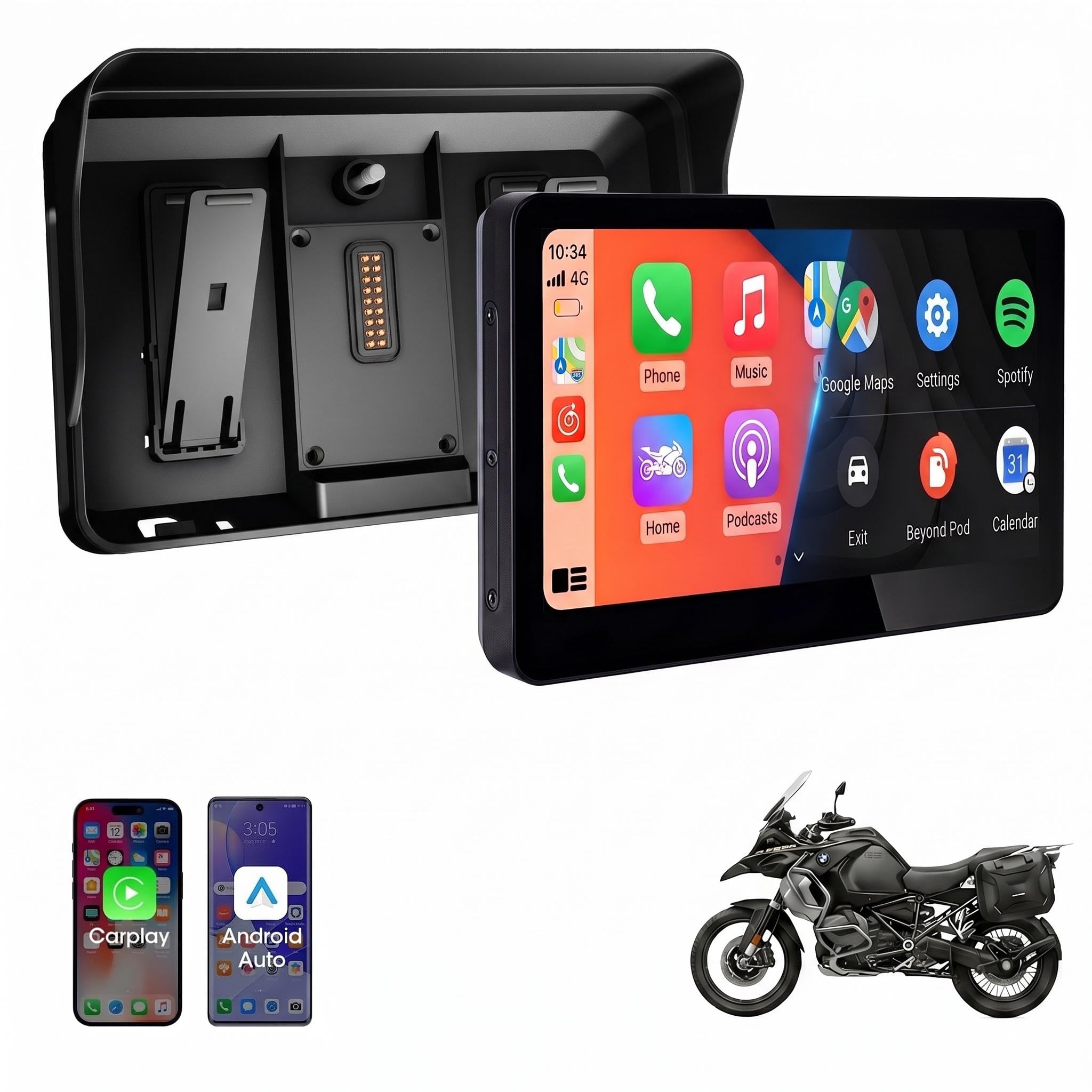 5" Display Moto Wireless CarPlay Android Auto Navigatore IP67 | Display touch IPS 800nit IP67, doppio supporto antifurto a sgancio rapido. Compatibile con moto universali e base BMW.