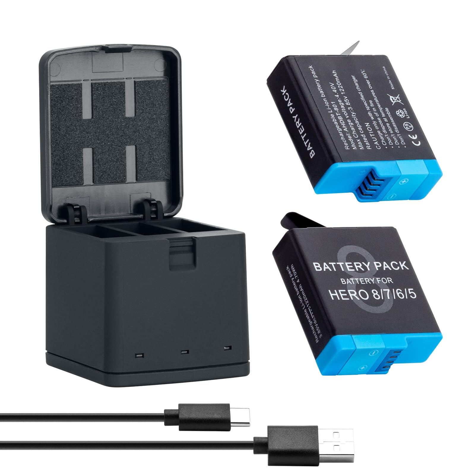 Kit de chargeur de batterie pour GoPro Hero 8, 7, 6, 5 triple chargeur et boîte de rangement de batterie, chargeur à 3 canaux avec 2 batteries lithium-ion rechargeables pour GoPro