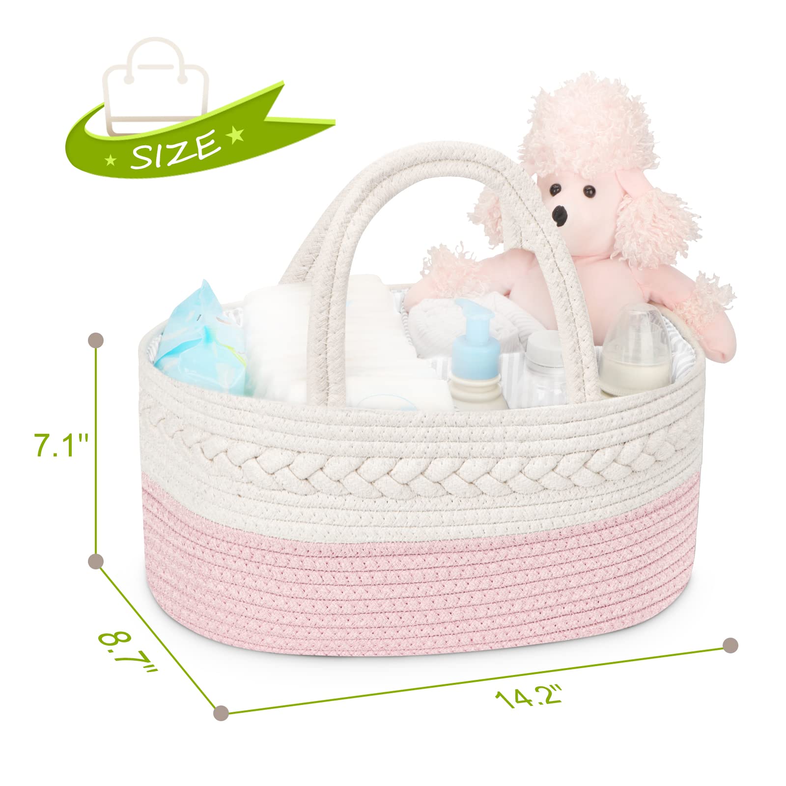 Maliton Nappy Caddy,Cotton Rope Newborn Essentials,Sturdy Portable Nursery Baby Caddy Storage Basket with Removable Compartments,Nappy Organiser as Baby Shower Gifts for Newborn Pink - Image 3
