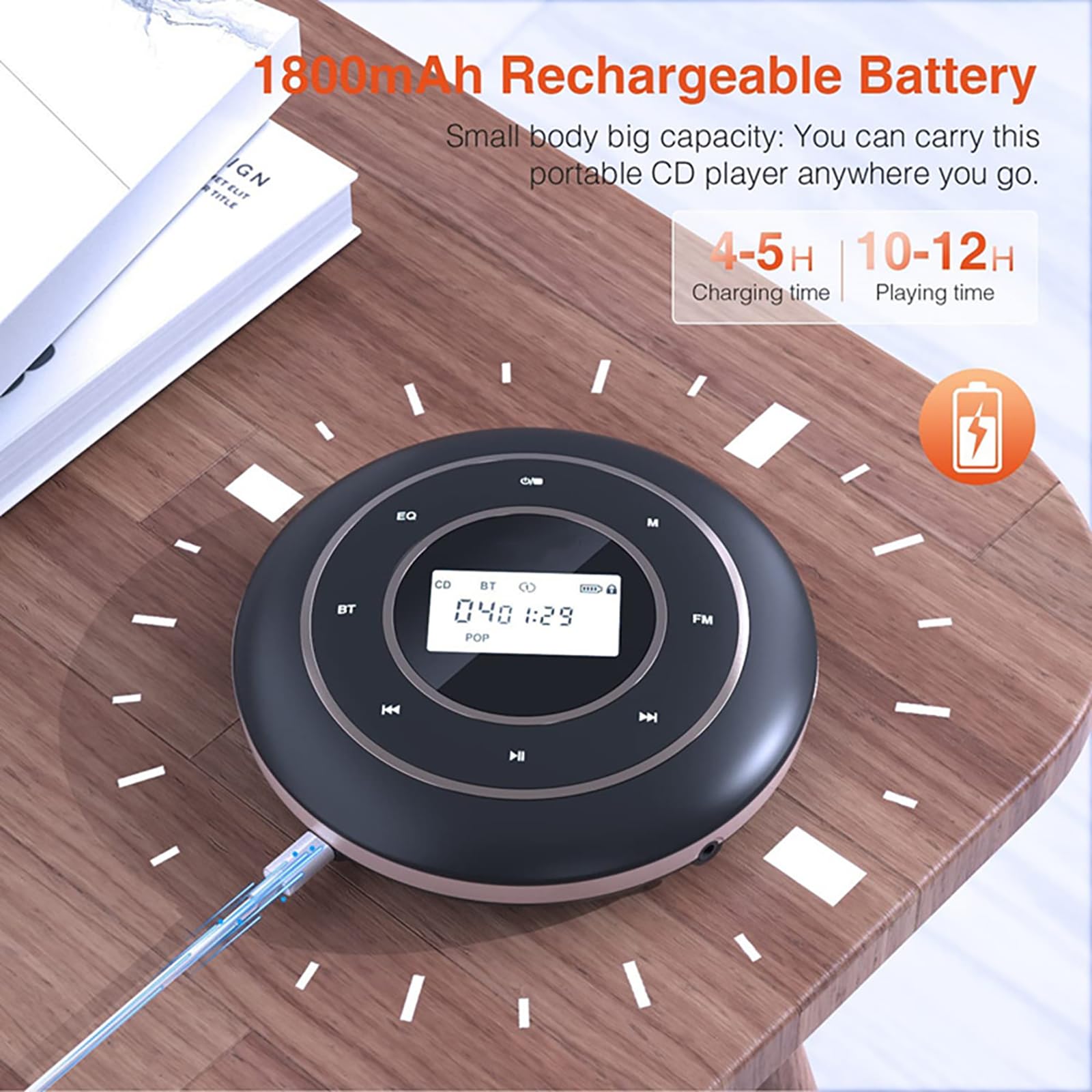 Lettore CD, Lettore CD Personalizzabile, Batteria Al Litio Ricaricabile Da 1800 MAh, Pulsante Di Vibrazione Touch, 5 Opzioni Di Effetti Sonori, Supporta CD, CD-R, CD-RW, CD-MP3, CD WMA