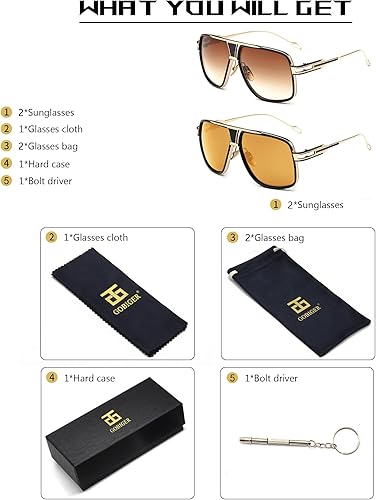 Miniatura 7 de Lentes de sol estilo aviador para hombres, lente con 100% protección UV, marco de aleación con estuche