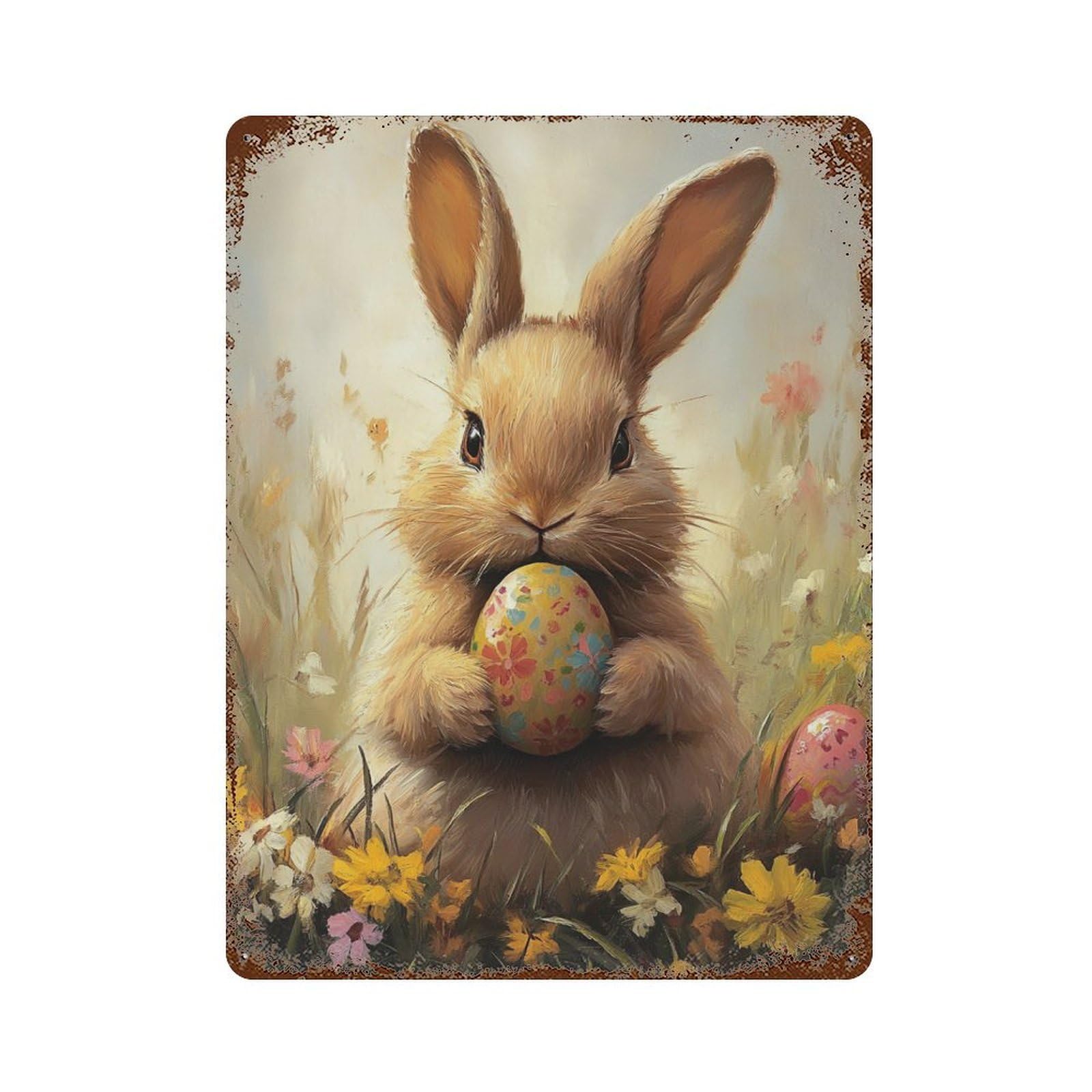 Easter Bunny with Eggs 15.7"x11.8" Distressed Metal Wall Sign, Industrial Home Decor for Patio, Garden Room And Bar Decor