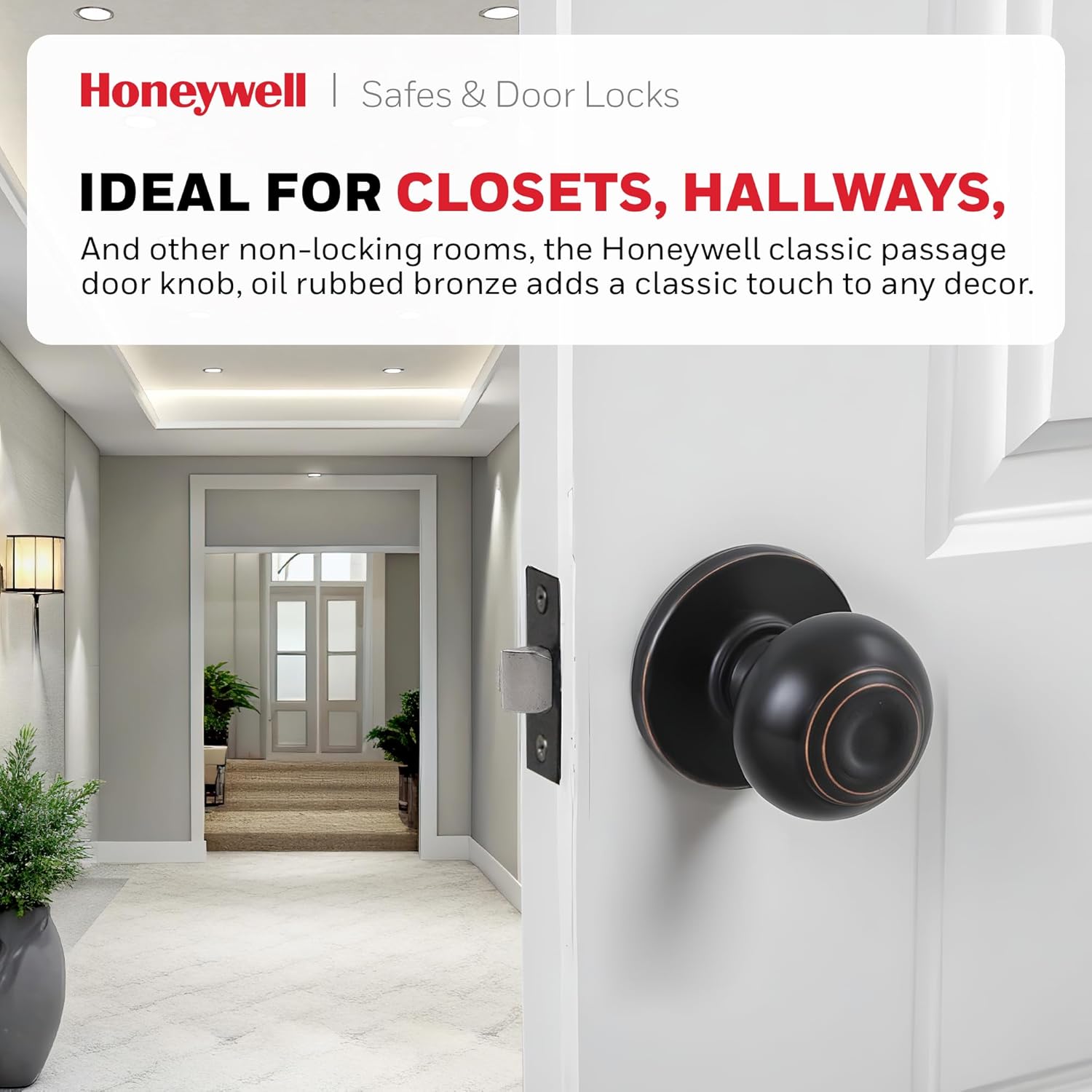 Honeywell Safes & Door Locks - Classic Passage Door Knob Interior - Ideal for Closets, Hallways & Non-Locking Bedroom Door Knobs with Easy Installation - ‎5.25"L x 2.75"W - Oil Rubbed Bronze - 8101403