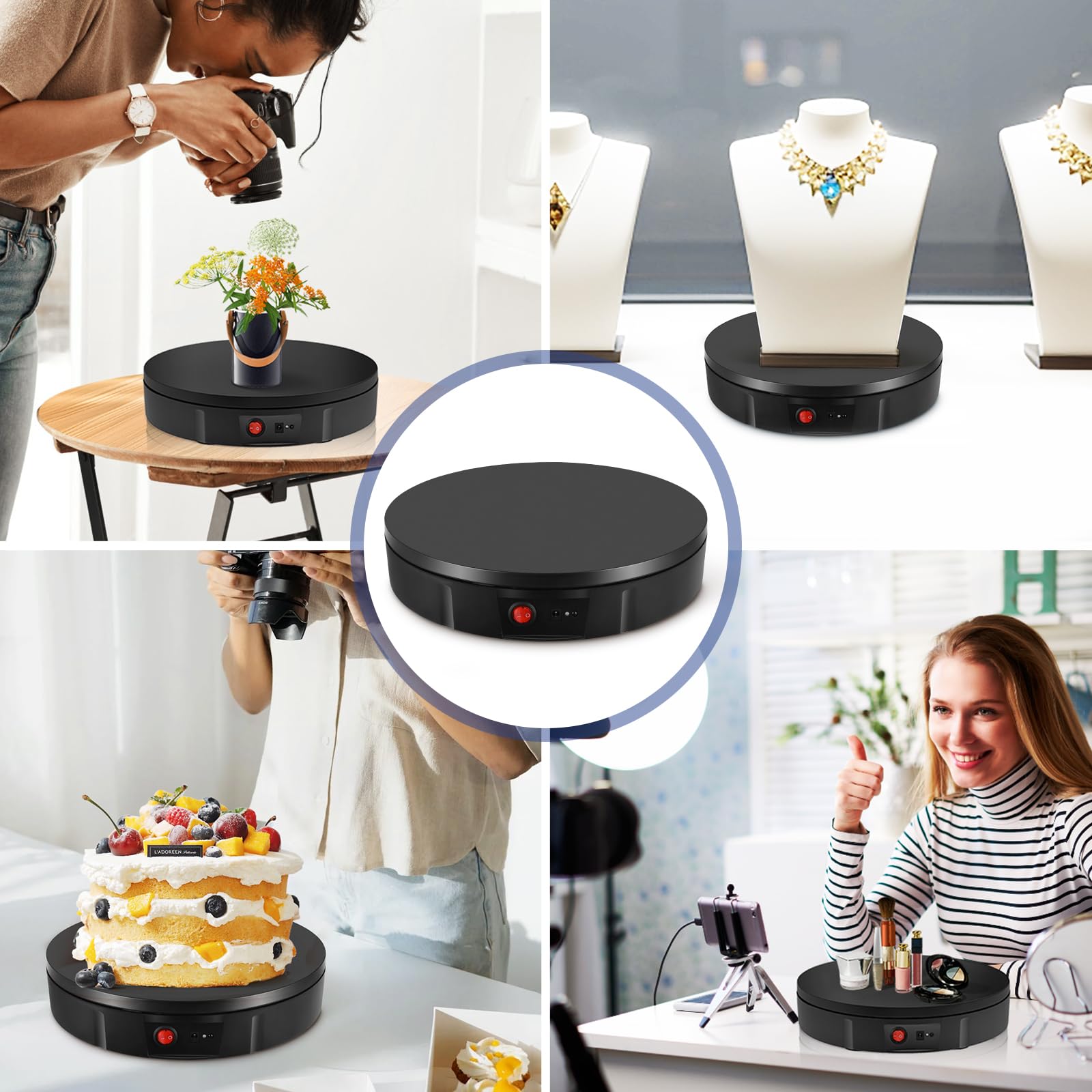 Drehteller Elektrisch, Couleeur 30CM 100KG Professioneller Elektrischer Drehteller, 360 Grad Elektrischer Drehteller mit Fernbedienungfür Video/Schmuck/Uhren Mit 5-Farbiger Hintergrundtafel–Schwarz