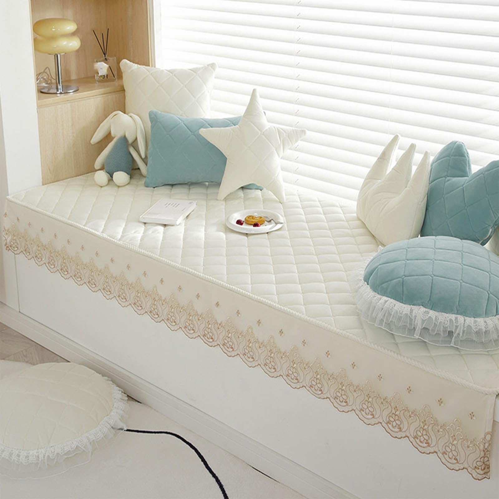 Tapis de rebord fenêtre en peluche blanche 80x180 cm pour banquette et déco de chambre cocooning