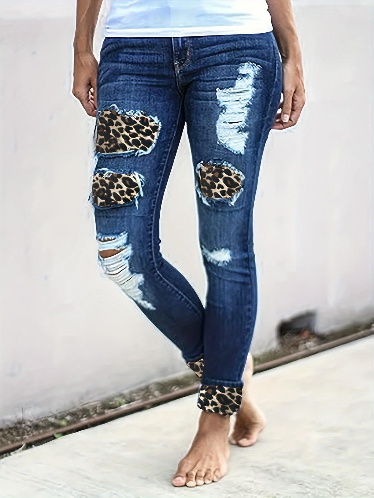 Jeans da Donna Strappati Donna, Skinny Vintage, Pantaloni A Gamba Dritta Taglie Forti, Pantaloni-Blu-l