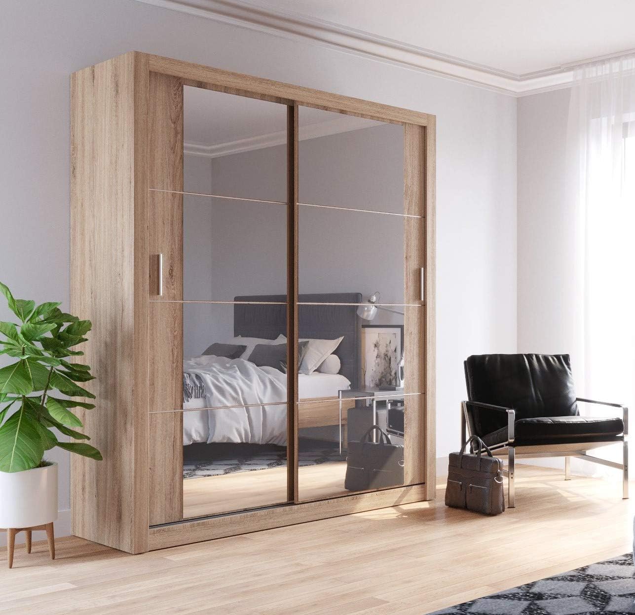 Arthauss Mirrored Sliding Door Wardrobe - Arti 3 in Oak Shetland 180cm Flat Pack Wardrobe with Customisable Interior Featuring Five Shelves and Two Hanging Rails - Mirrored Furniture for Space-Saving