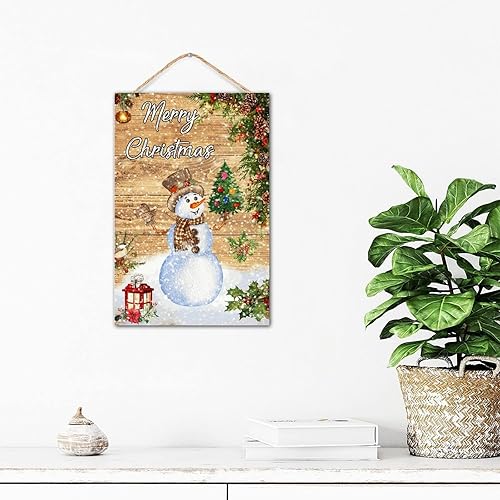 Miniatura 2 de CustonCares Merry Christmas Muñeco de nieve para decoración de habitación, letrero de madera establecido, muñeco de nieve rústico con regalo,