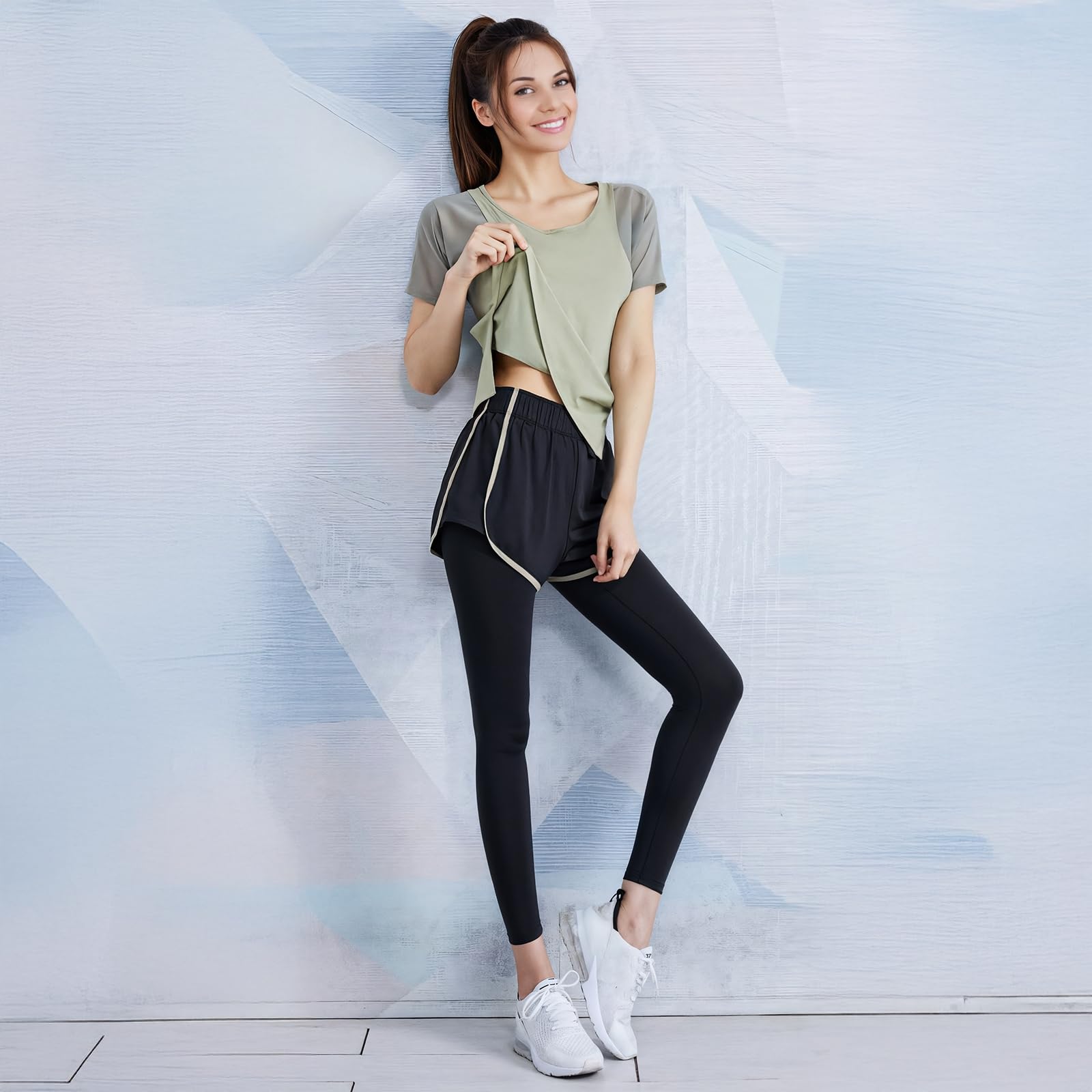 Tenue de pilates pour femme, noir, XXL, respirant, 2 pièces avec haut à manches courtes et short