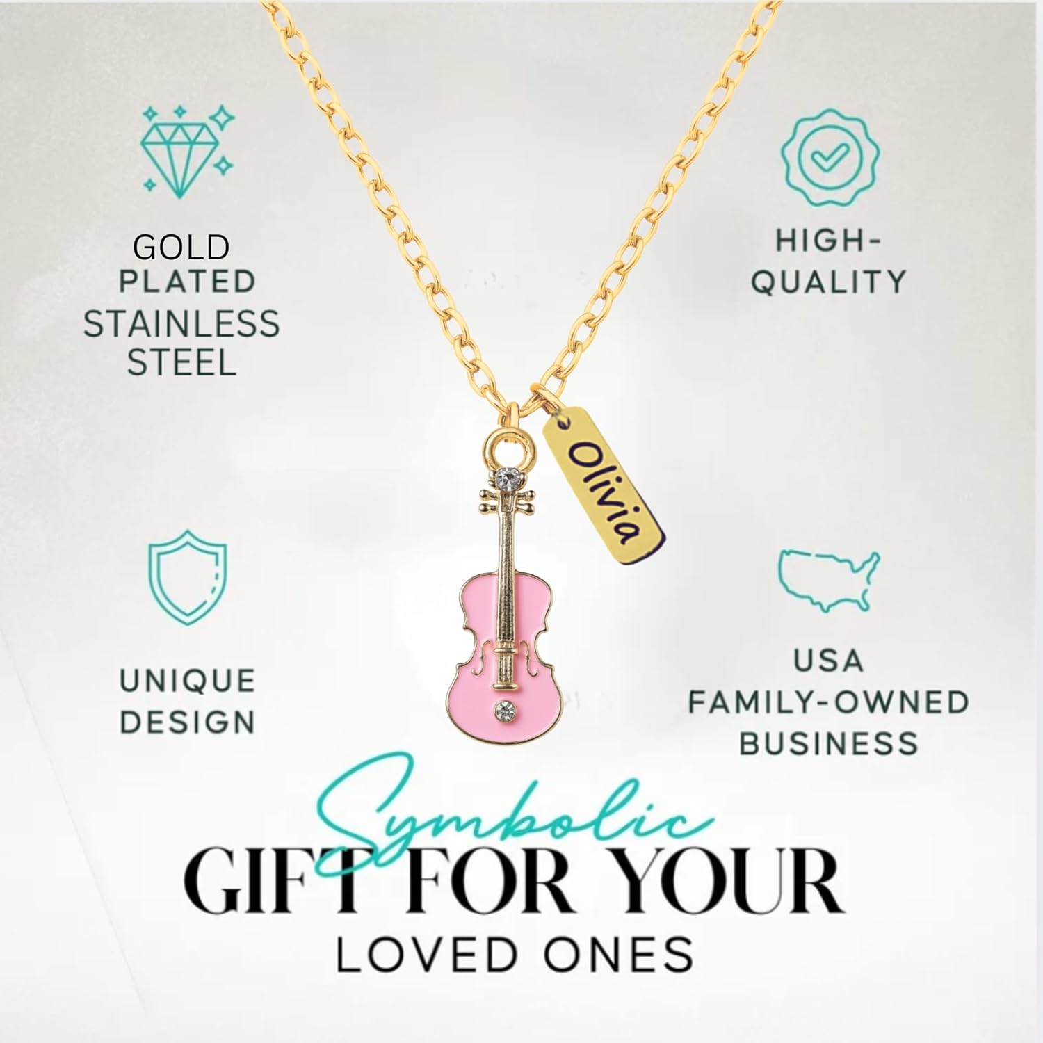 Gold Pink Cello Necklace – Personalized Musical Instrument Pendant with Custom Engraved Name or Initial Letter