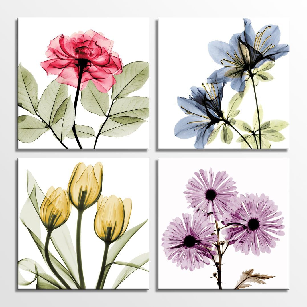 HLJ ART Tulip Rose Wall Art Painting in Golden Red Vivid Flower Home Wall Decor 4 Panels Floral Canvas Print