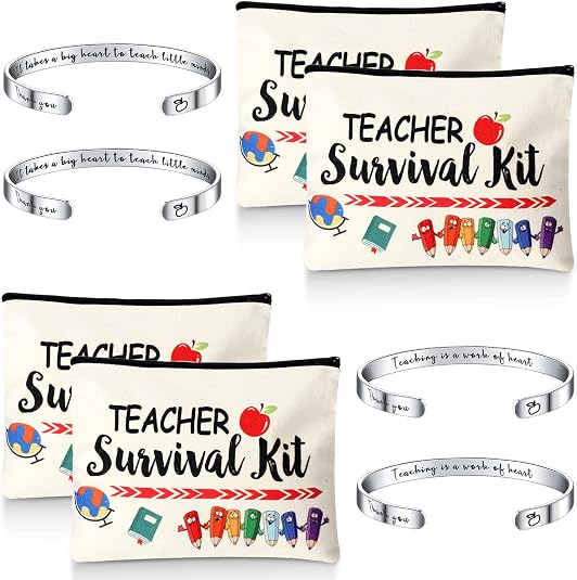 Herdear 8 Pcs Teacher Appreciation Gift Set for Women, 4 Pieces Teacher Makeup Pouch Cosmetic Bags and 4 Pieces Cuff Bangle Bracelets, Graduation End of Year Thank You Gifts for Teacher