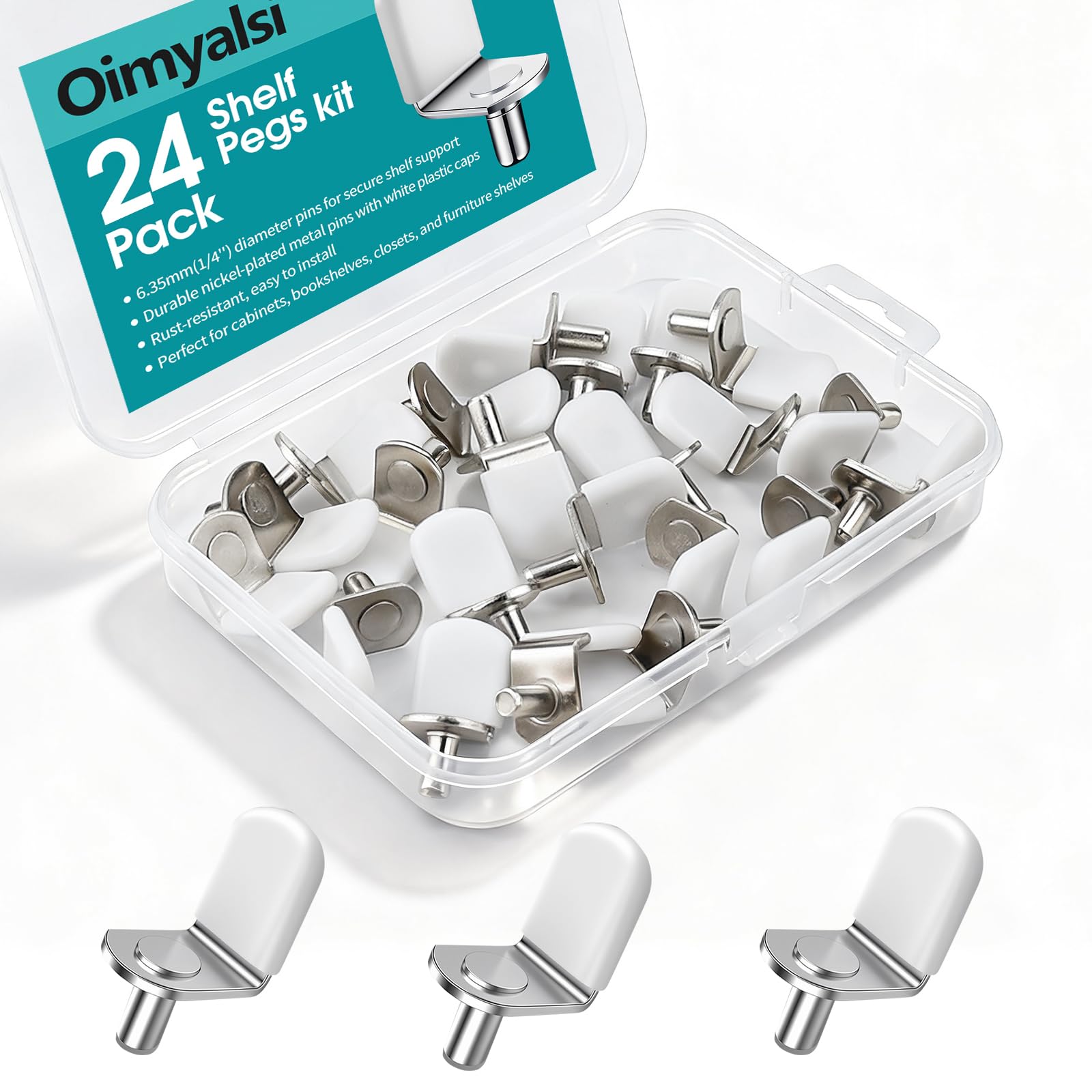 24 Pack Shelf Pegs 1/4 Inch (6.35mm), White Heavy Duty Cabinet Shelf Pins