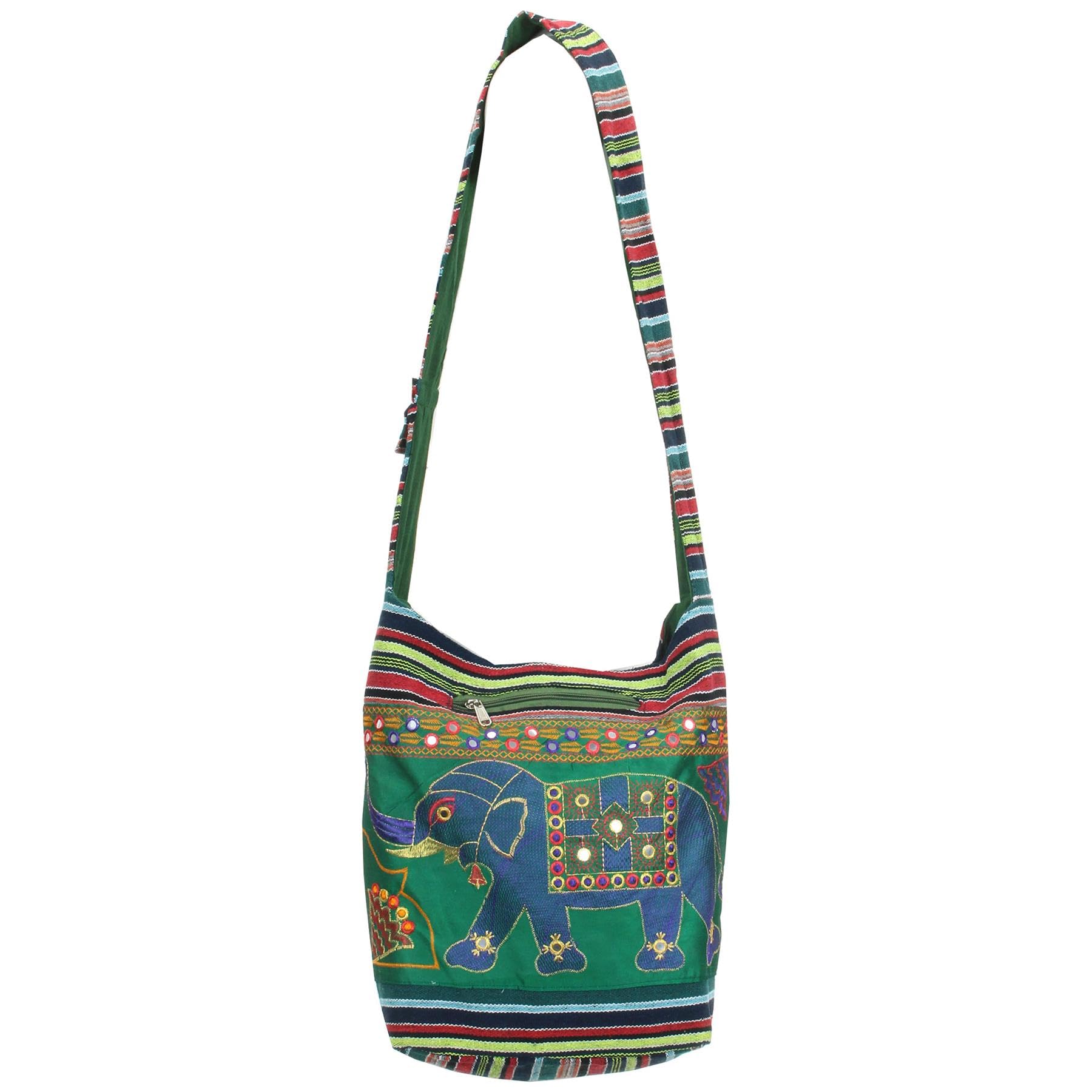 Tpfbazaar Women's Green Elephant Embroidered Hippie Sling Shoulder Bag