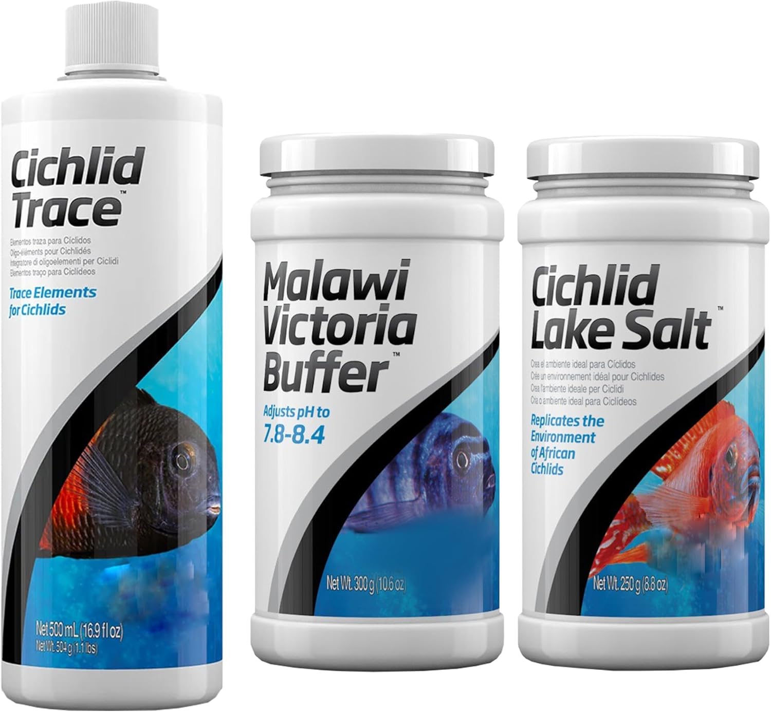 Trinity Treats Cichlid Lake Salt 250g, Malawi Buffer 300g, Cichlid Trace 500ML Including Trinity Treats Microfiber Cloth (Trace Elements for Cichlids, Malawi Victoria Buffer 300g,Cichlid Lake Salt)