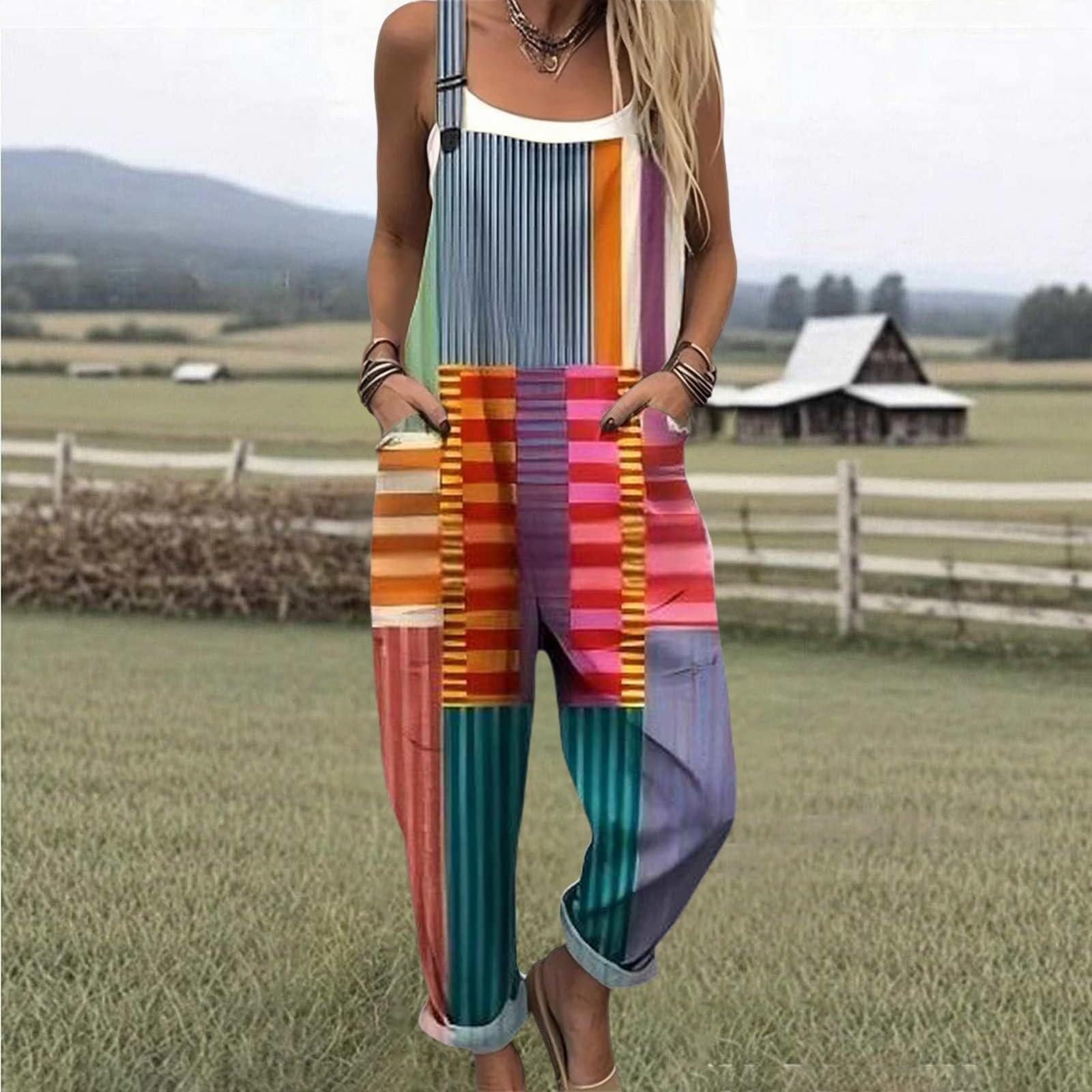 Generisch Salopette estiva da donna, con stampa bohémien, con spalline regolabili, pagliaccetto a gamba larga, stile retrò, casual, oversize, in lino, con bretelle